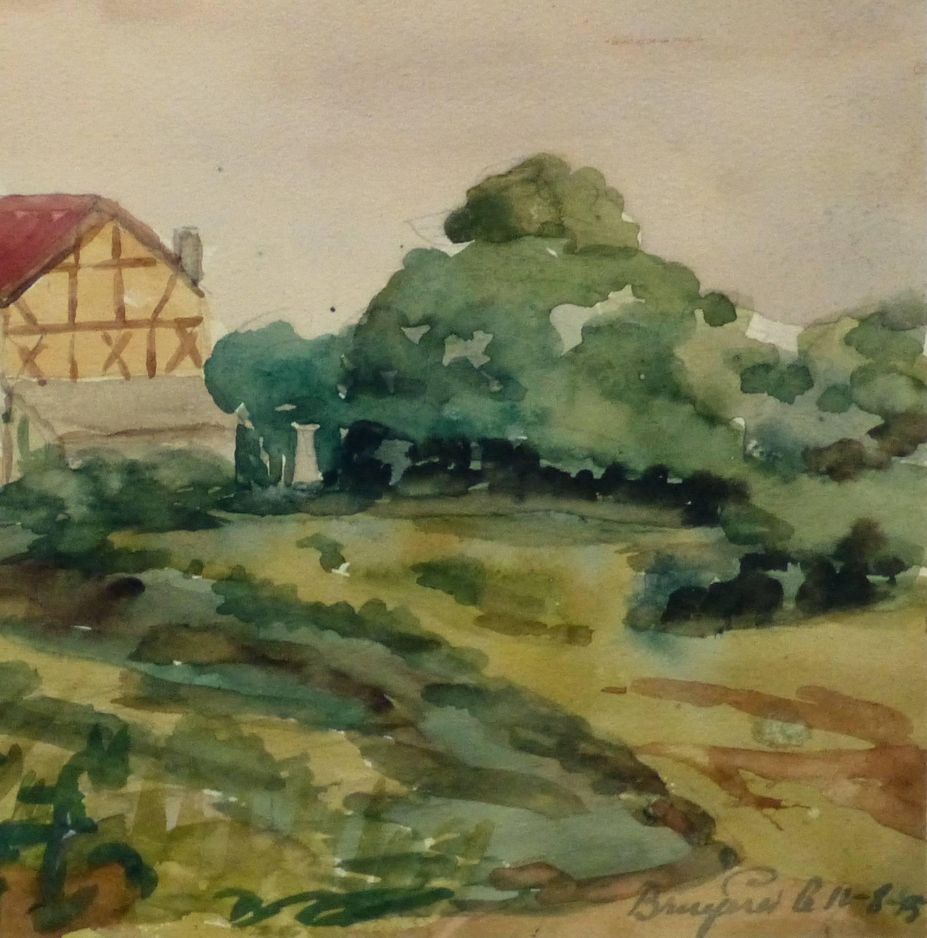 Vintage French Watercolor Landscape - House at Bruyéres - Art by M. Kesseler