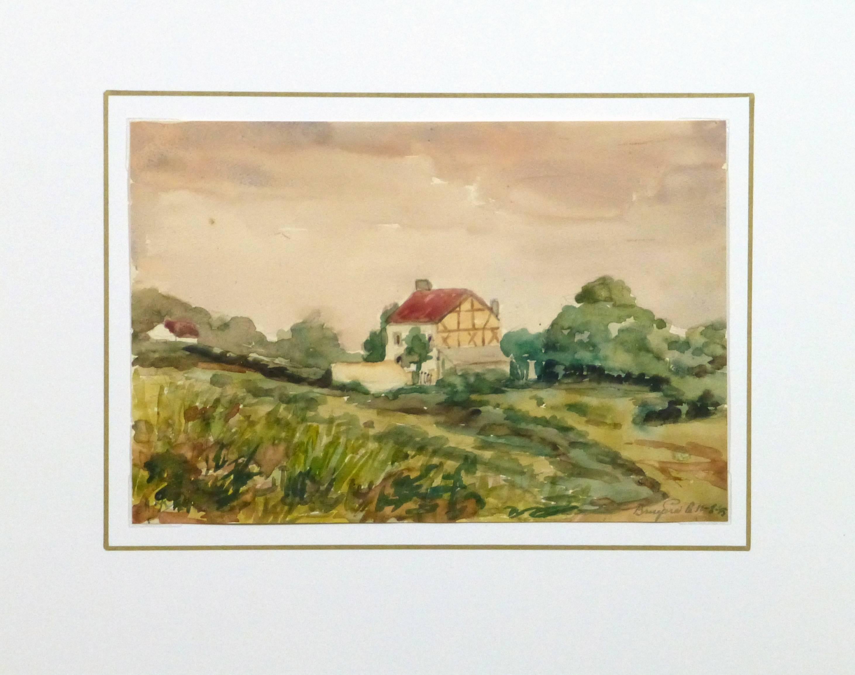 Vintage French Watercolor Landscape - House at Bruyéres 1