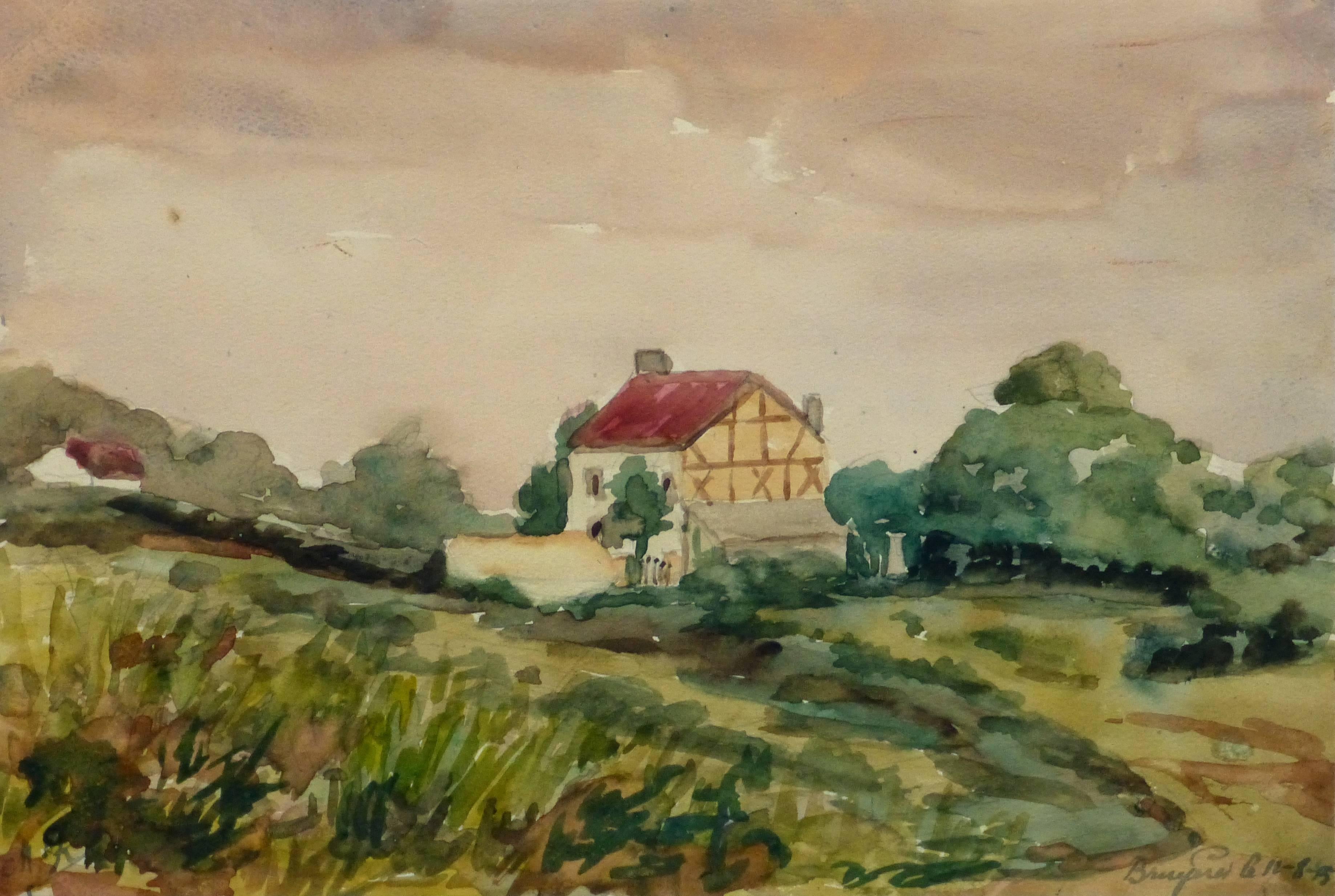M. Kesseler Landscape Art - Vintage French Watercolor Landscape - House at Bruyéres