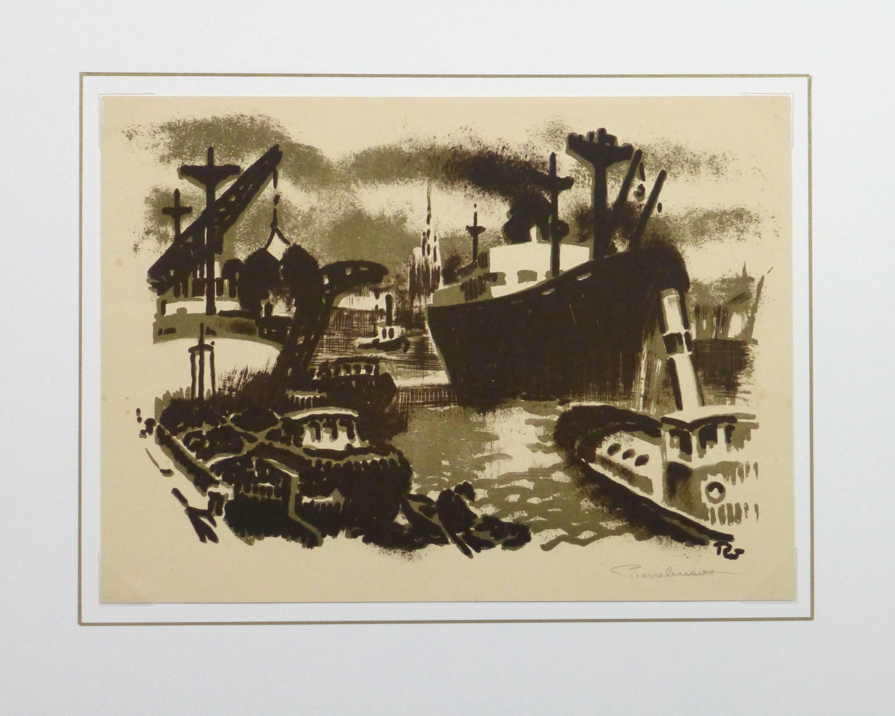 Verspielte Kunstlithografie von Schiffen und Booten, die im Hafen angedockt sind, in kräftigen Brauntönen, um 1930. Signiert unten rechts. 

Einzigartiges Originalkunstwerk auf Papier, das auf einer weißen Matte mit Goldrand präsentiert wird. Die