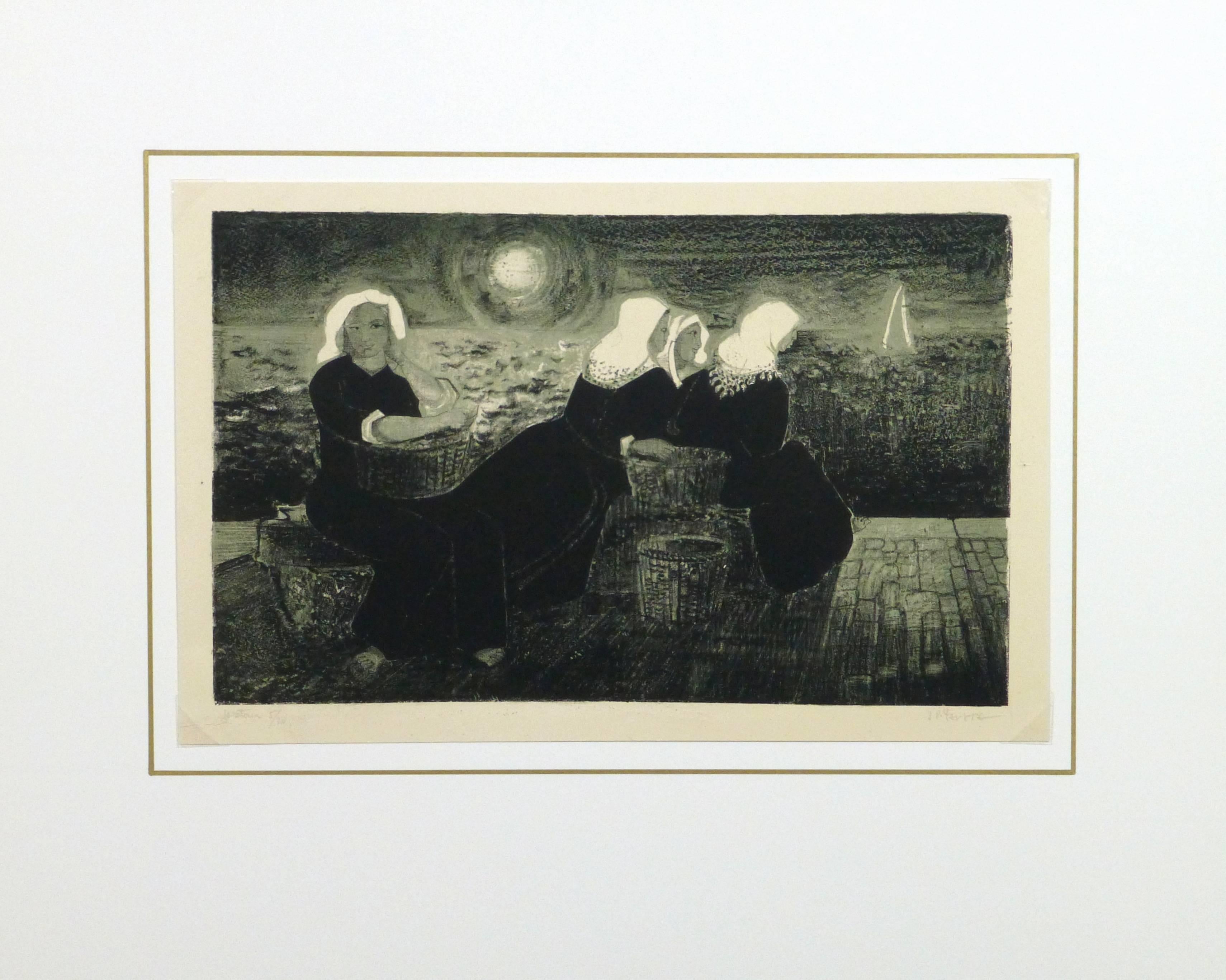 Vintage Fine Art - Women at Dock - Black Figurative Print by Tertre
