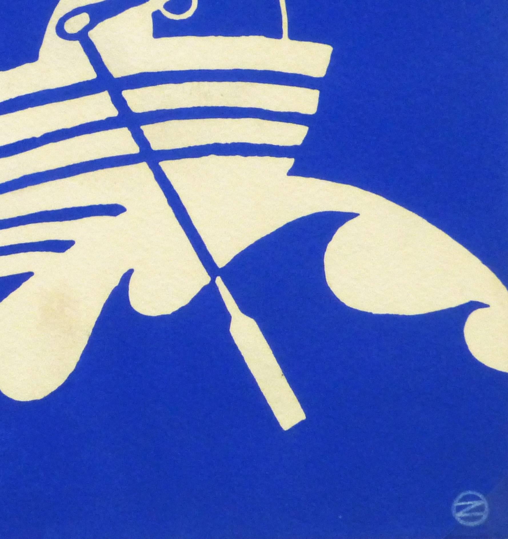 Lively and bright French fine art lithograph of a couple navigating the waves in a small row boat, circa 1960. Signed lower right.

Original one-of-a-kind artwork on paper displayed on a white mat with a gold border. Mat fits a standard-size