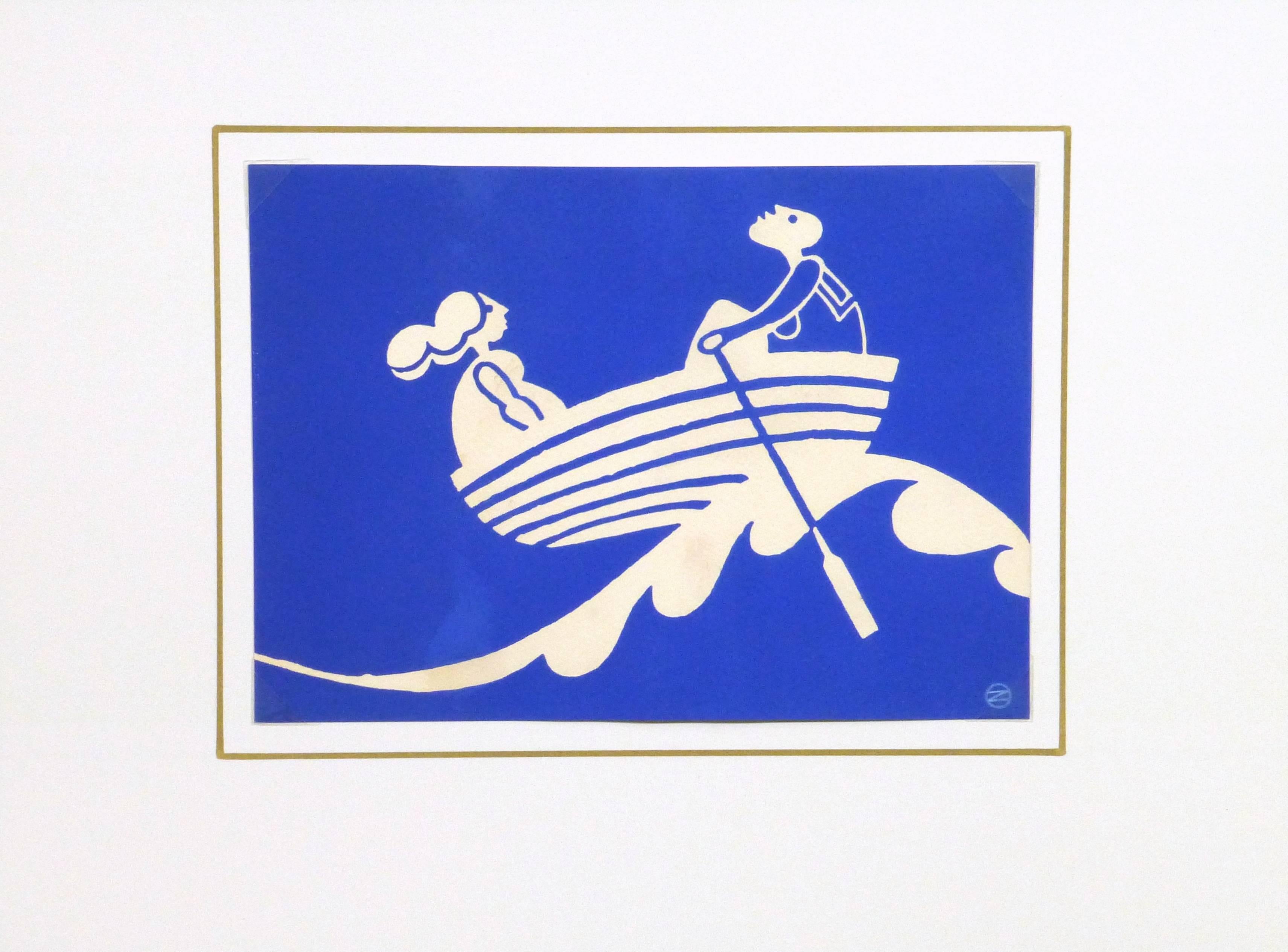Vintage French Lithograph - Rowing the Waves 1