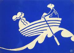 Vintage French Lithograph - Rowing the Waves