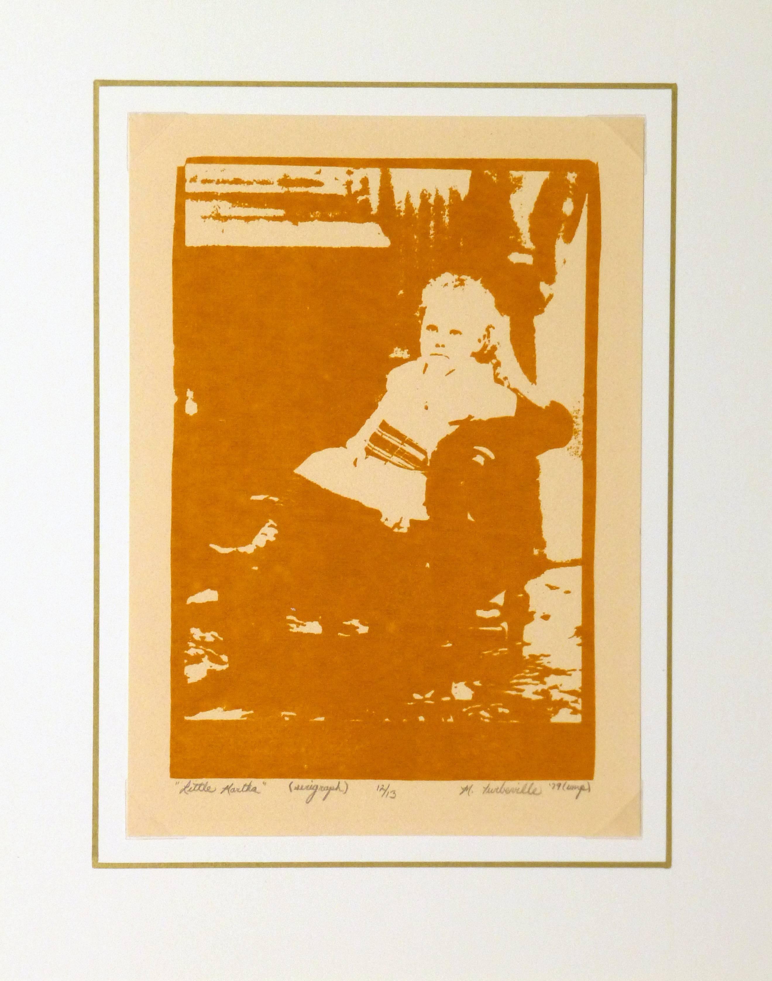 Unique and bright serigraph of a small child seated in an arm chair by M. Turbeville, 1979. Signed and dated lower right, titled 