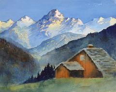 Vintage French Watercolor Lanscape - Alpine Cabin