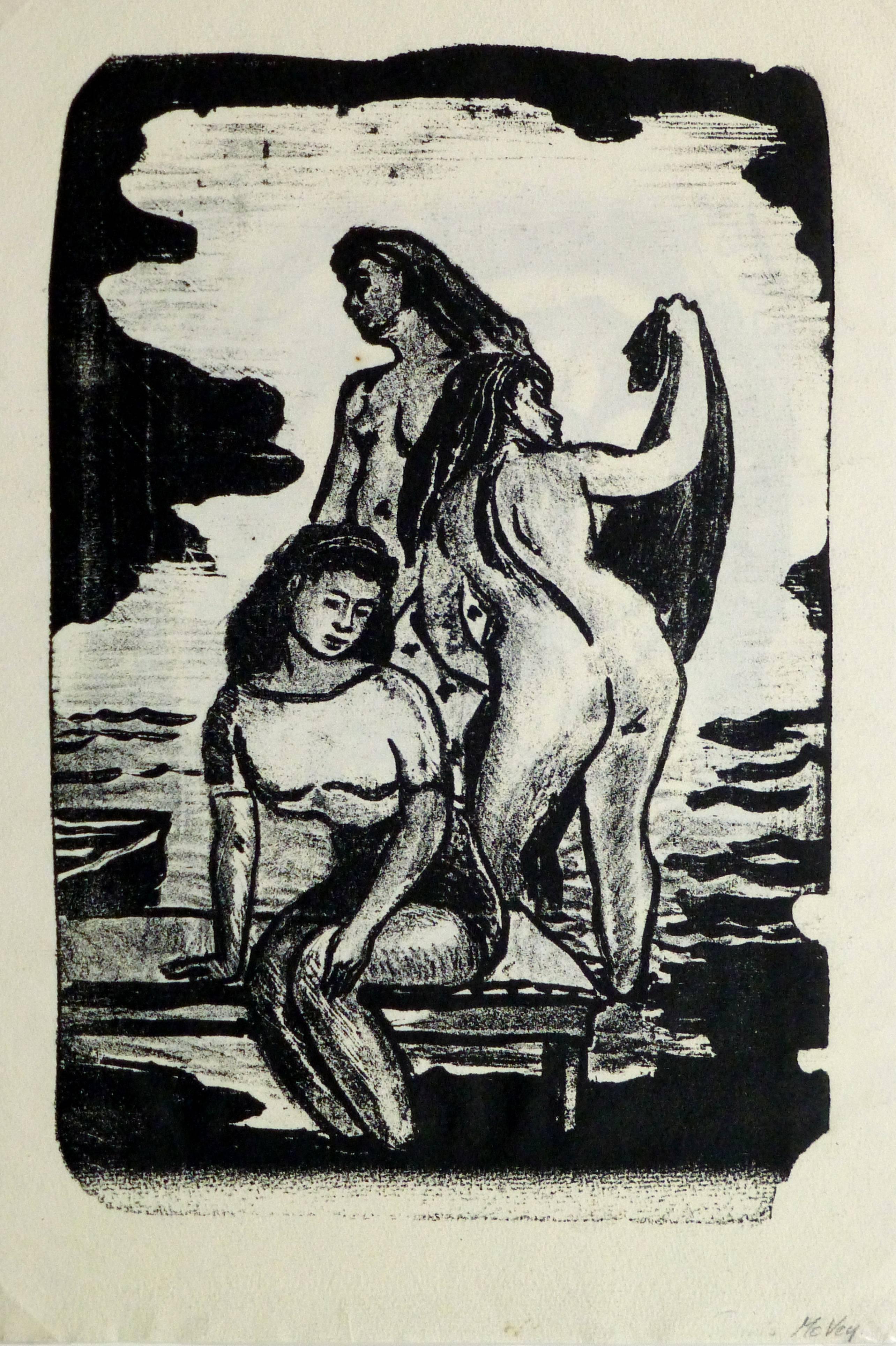 McVey Figurative Print - Three Nudes Bathing
