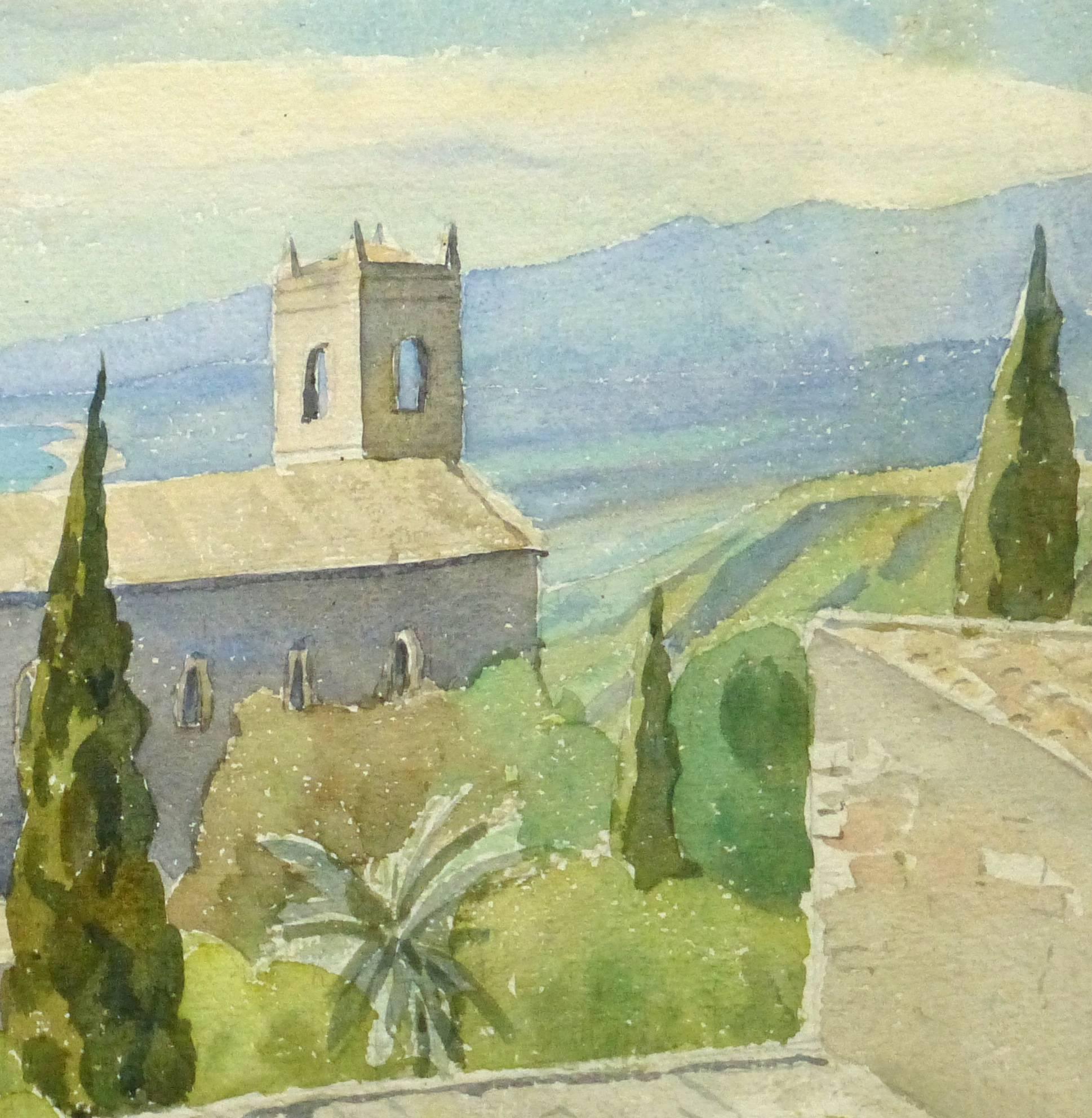 Paysage italien vintage à l'aquarelle - Côte toscane - Beige Landscape Art par Unknown