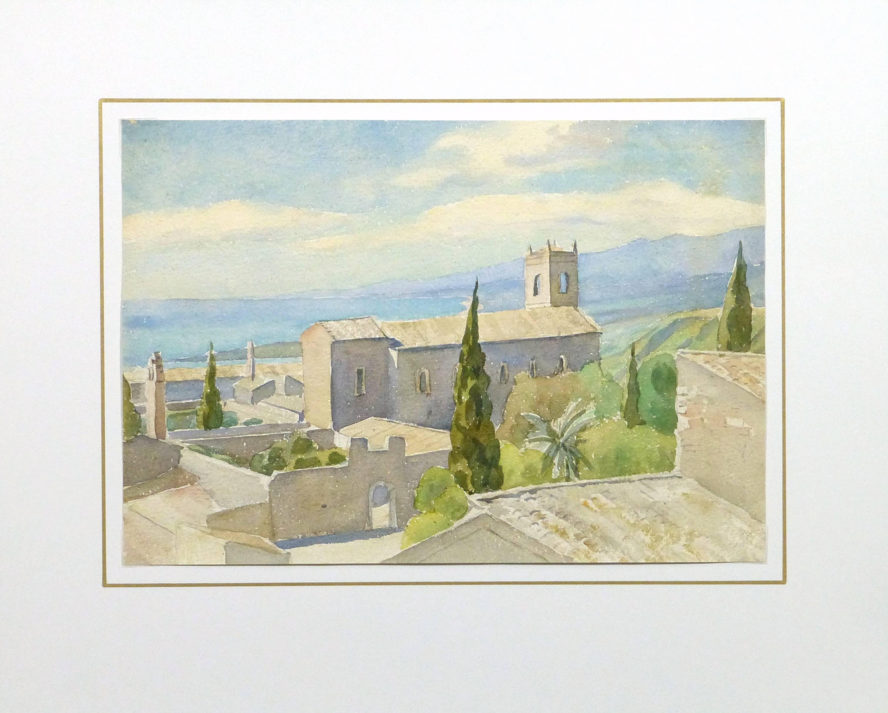 Exceptionnelle aquarelle représentant une scène ensoleillée de la côte invitante de la Toscane, vers 1930. Non signée.

Œuvre d'art originale et unique sur papier, présentée sur un tapis blanc avec une bordure dorée. Le tapis s'adapte à un cadre de
