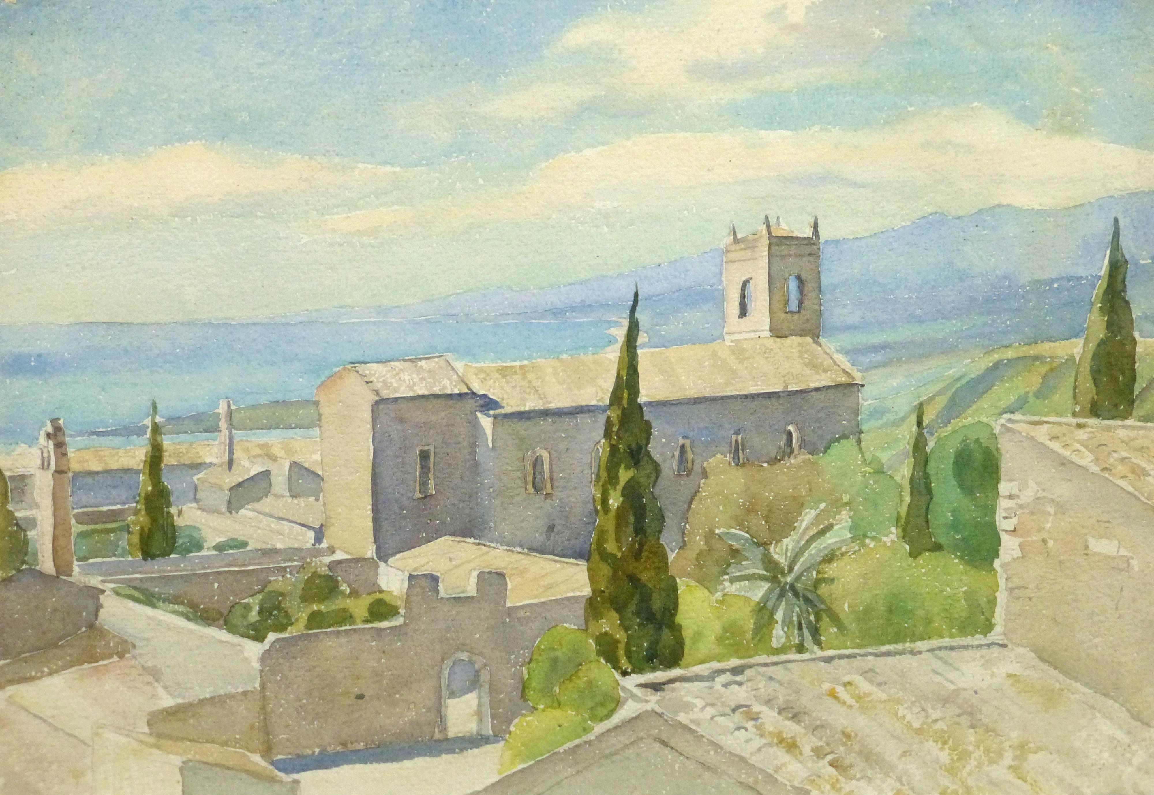 Landscape Art Unknown - Paysage italien vintage à l'aquarelle - Côte toscane