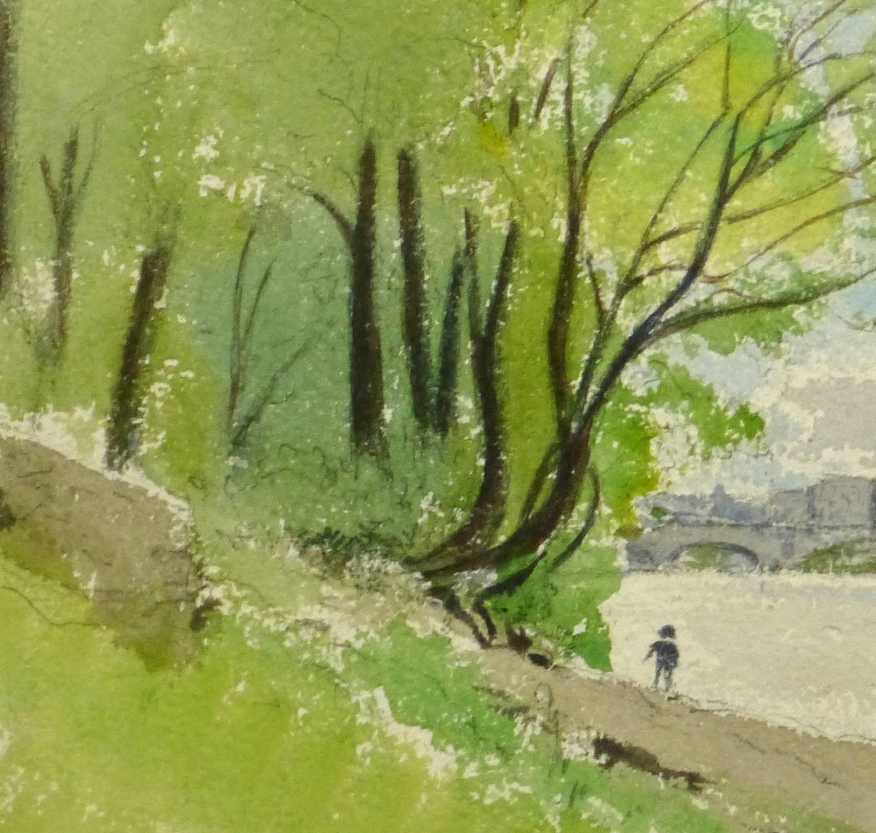 Antique French Watercolor Landscape - Lazy River - Art by Unknown
