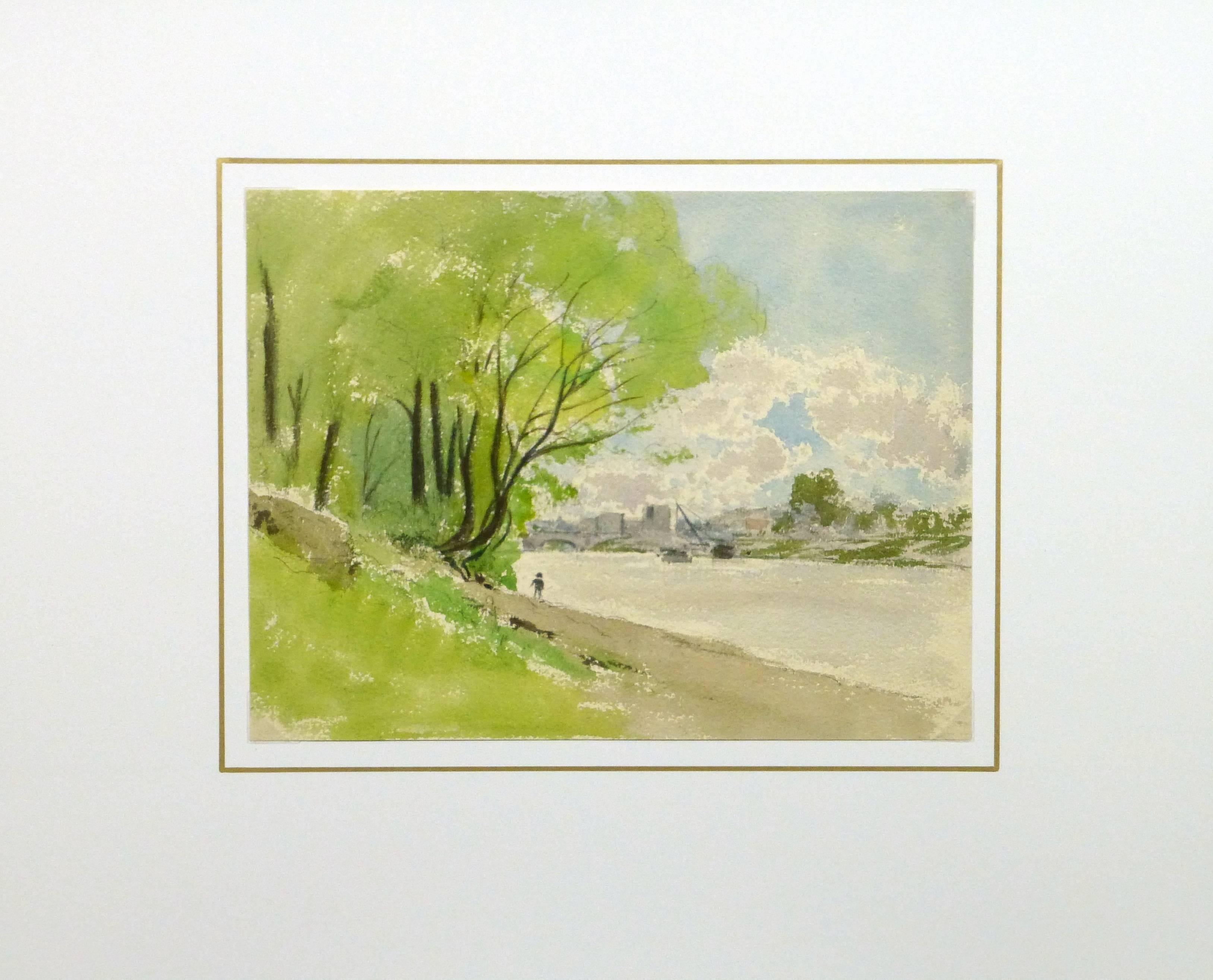 Antique French Watercolor Landscape - Lazy River - Brown Landscape Art by Unknown