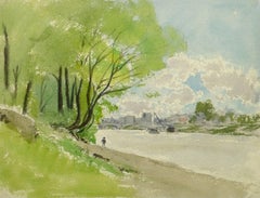Antique French Watercolor Landscape - Lazy River