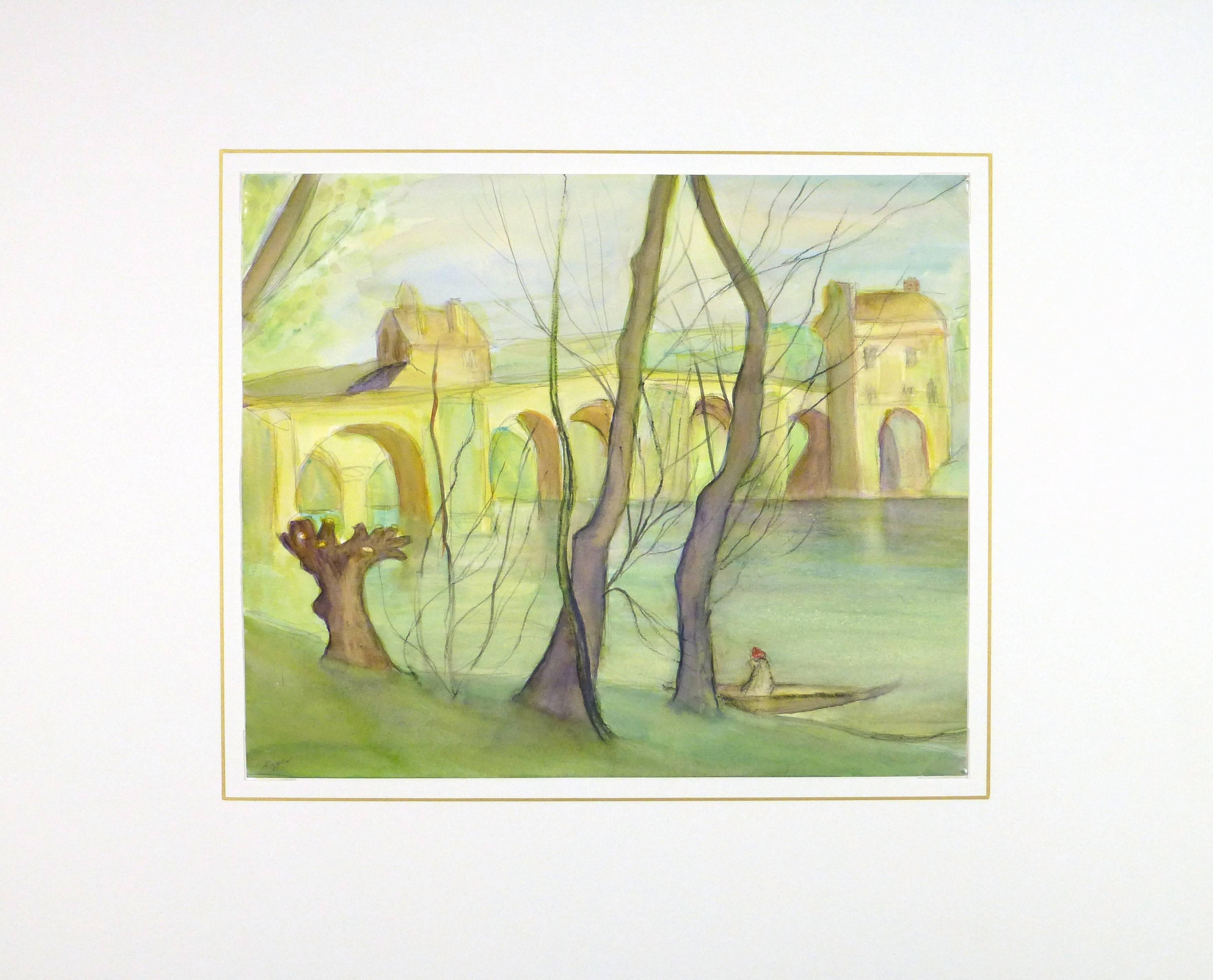 A quiet bridge arches over the Loire in this soothing watercolor depicting a scene from France's beloved Loire River Valley, c. 1960. Blended greens and yellows add a softness to the painting, while the viewer's eyes follow an almost-circular path