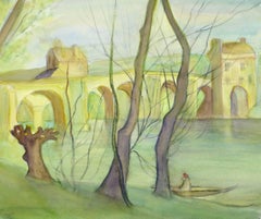 Vintage French Watercolor Landscape - Loire Valley, France