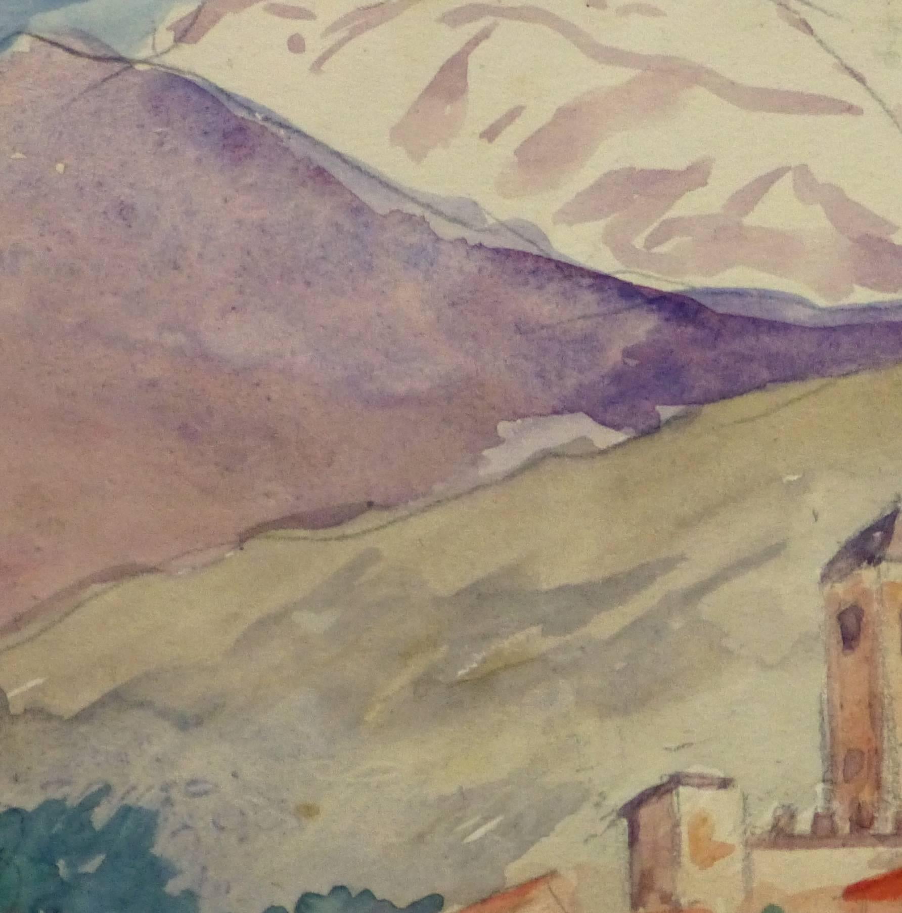 Vintage French Watercolor Landscape - Town of Cornélia - Art by M. Kesseler