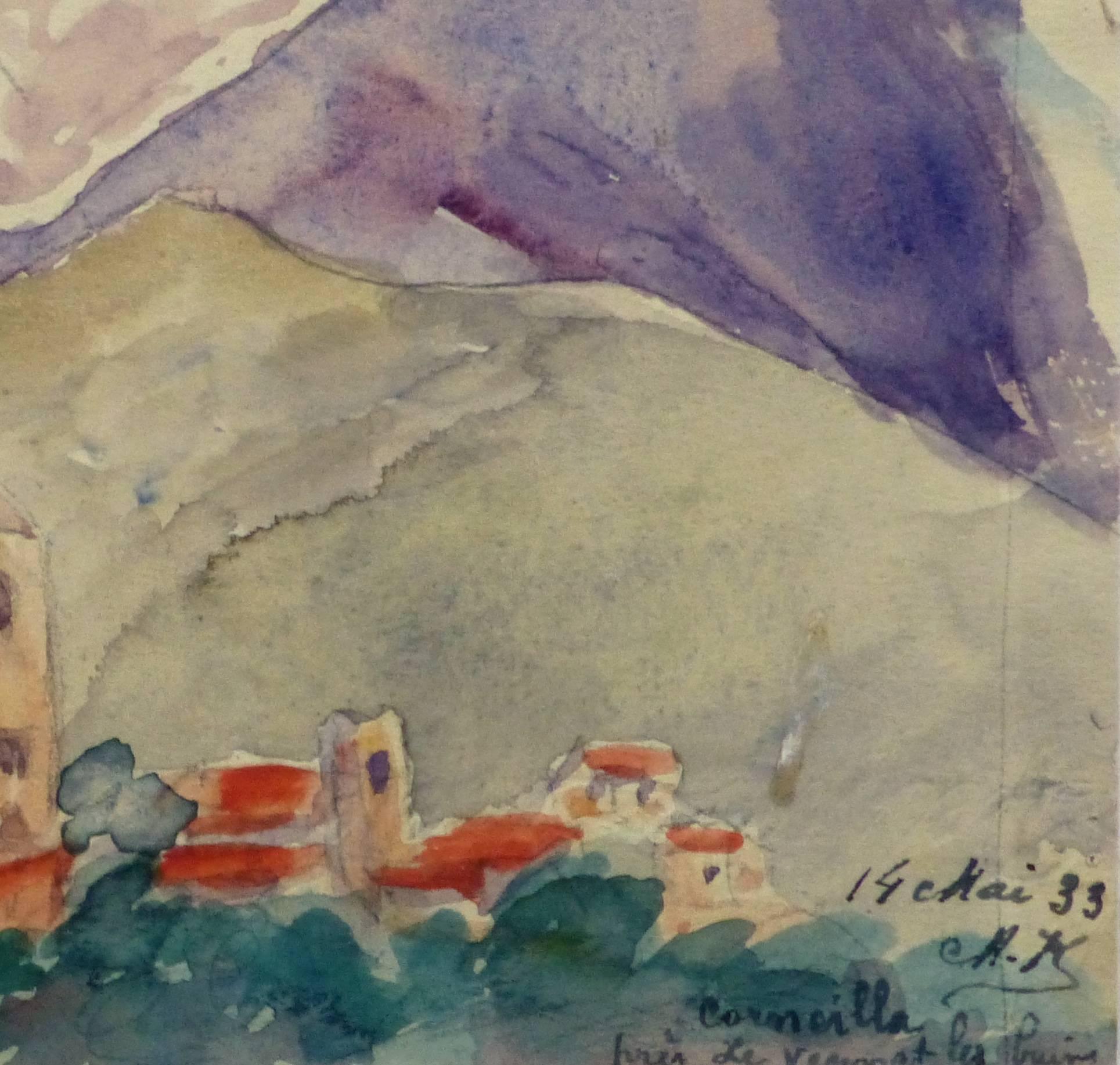 Vintage French Watercolor Landscape - Town of Cornélia - Brown Landscape Art by M. Kesseler