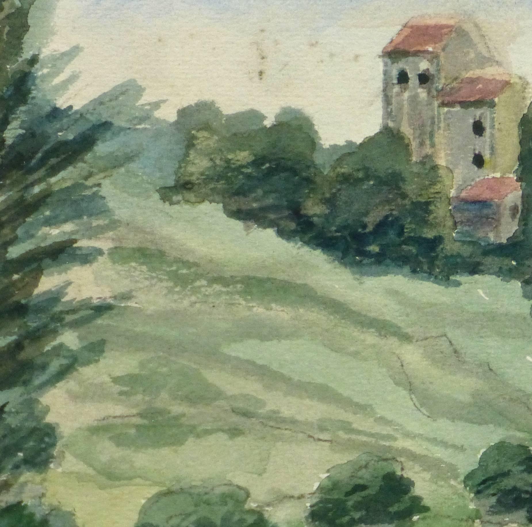 Vintage French Watercolor Landscape - Villas of Chemin des Salles - Gray Landscape Art by M. Kesseler