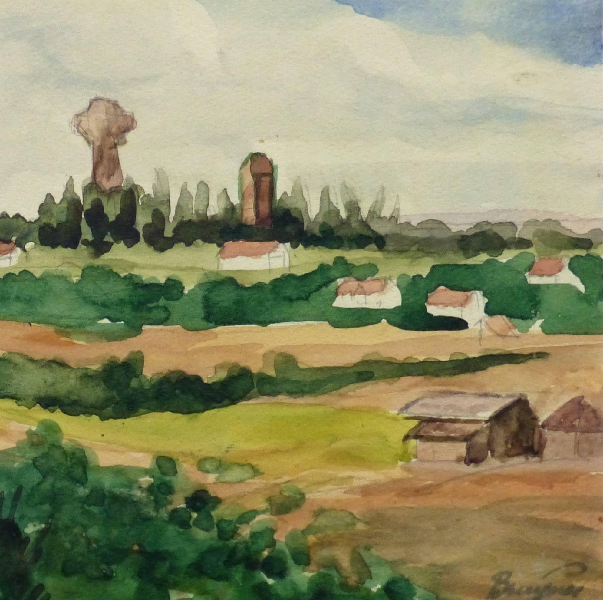 Französische Aquarelllandschaft in französischem Stil - Dorf Bruyres, Frankreich (Braun), Landscape Art, von M. Kesseler