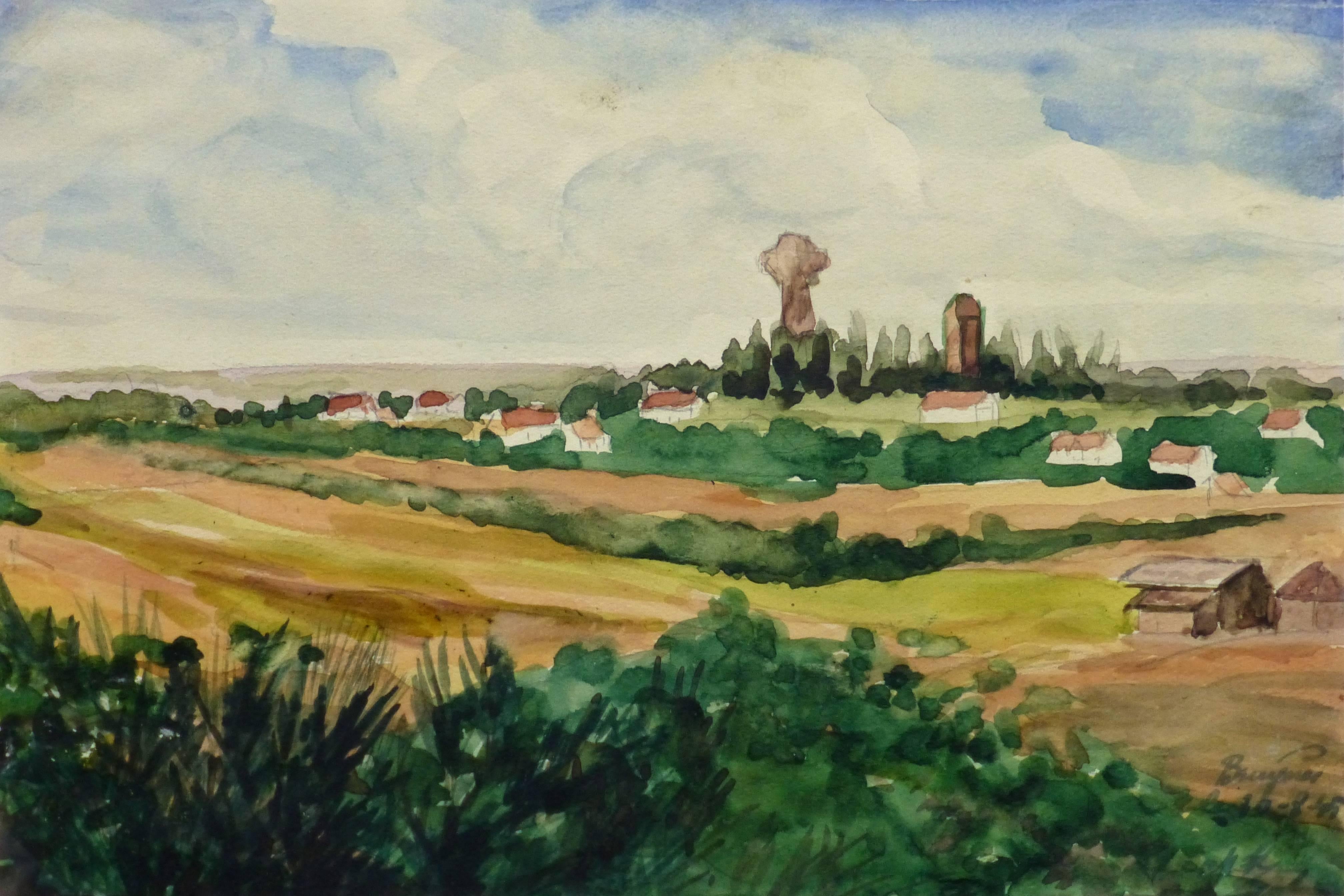 M. Kesseler Landscape Art - Vintage French Watercolor Landscape - Village of Bruyères, France