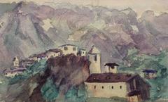 Vintage French Watercolor Landscape - Andorra