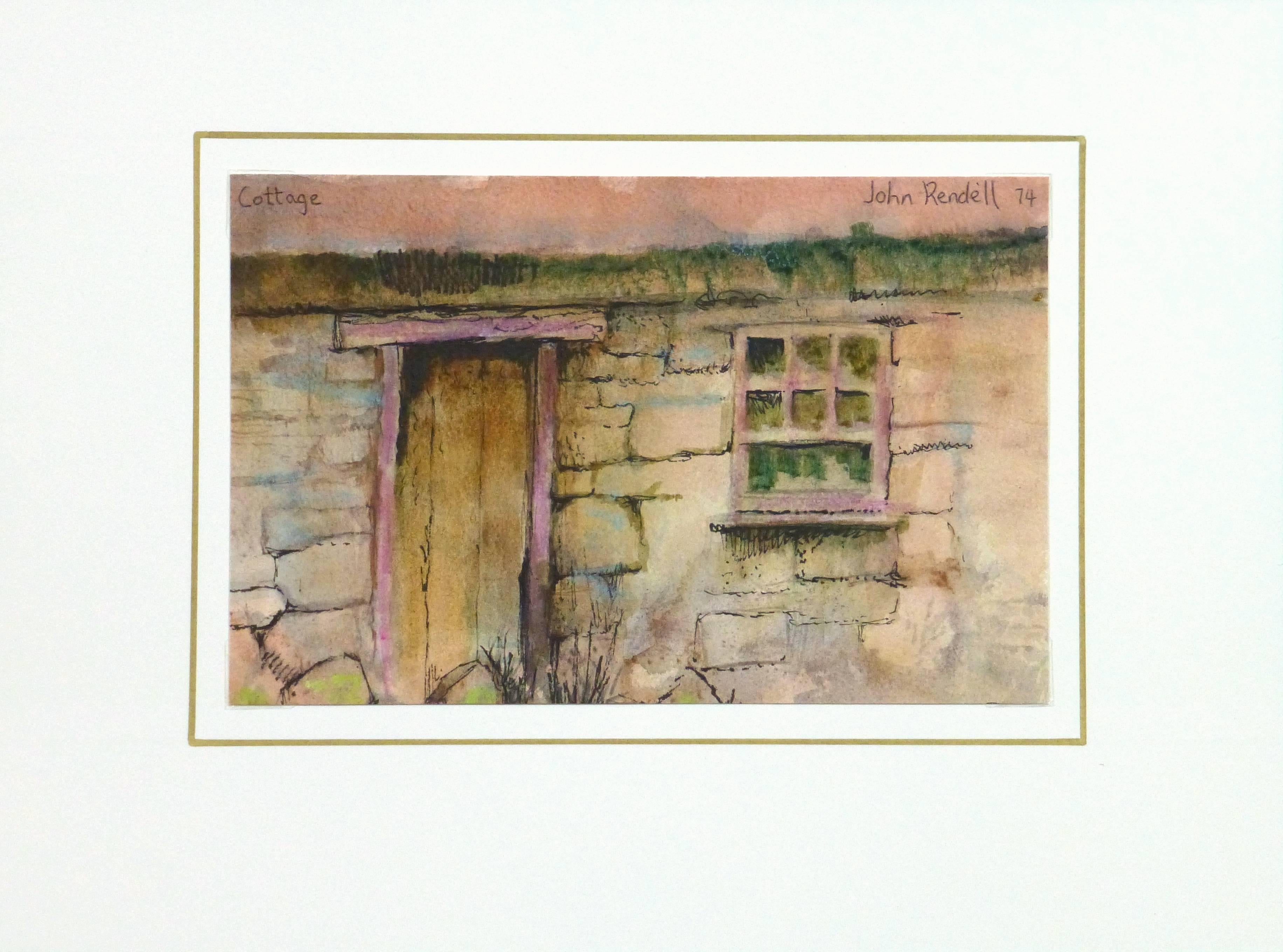 Soothing watercolor and oil pastel using warm tones to depict a small wooden door and paned window set into a small stone cottage by English artist John Rendell, 1974. Signed an dated upper right, titled upper left.

Original one-of-a-kind artwork