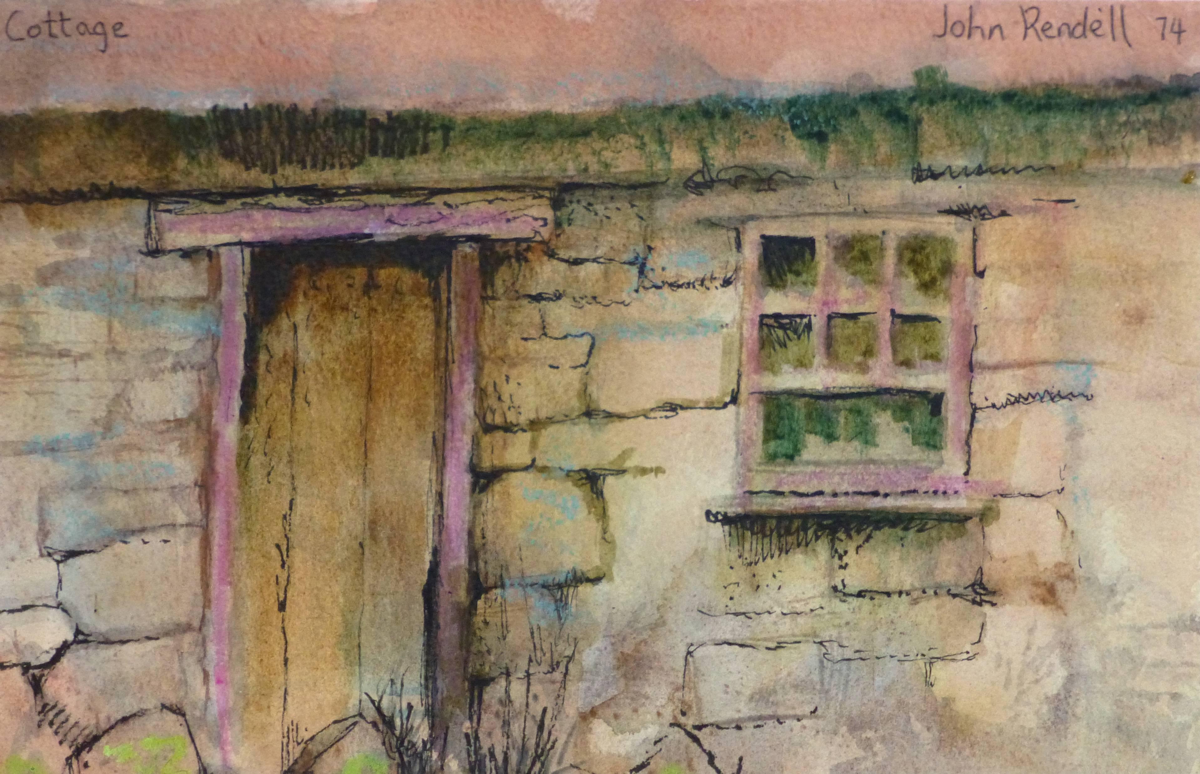 John Rendell Landscape Art - Vintage Watercolor and Oil Pastel - The Cottage Door