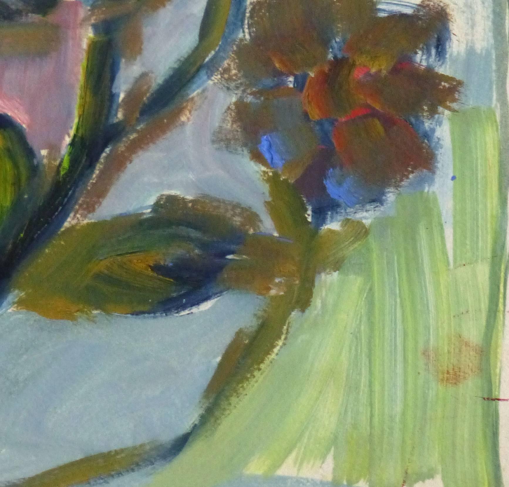 Lovely acrylic abstract painting of several small freshly picked flowers against a colorful backdrop by Sim Lavergne, 1988. Signed and dated in upper margin.

Original one-of-a-kind artwork on paper displayed on a white mat with a gold border. Mat