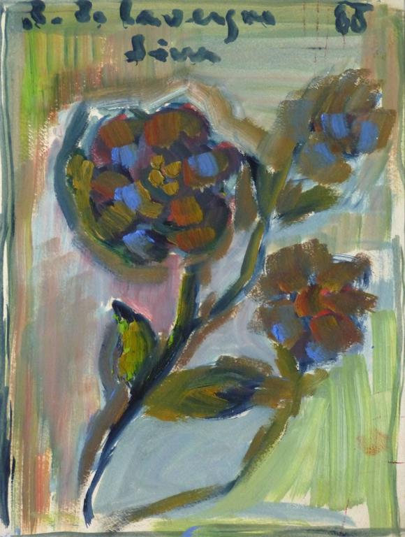 Lovely acrylic abstract painting of several small freshly picked flowers against a colorful backdrop by Sim Lavergne, 1988. Signed and dated in upper margin. Original one-of-a-kind artwork on paper displayed on a white mat with a gold border. Mat