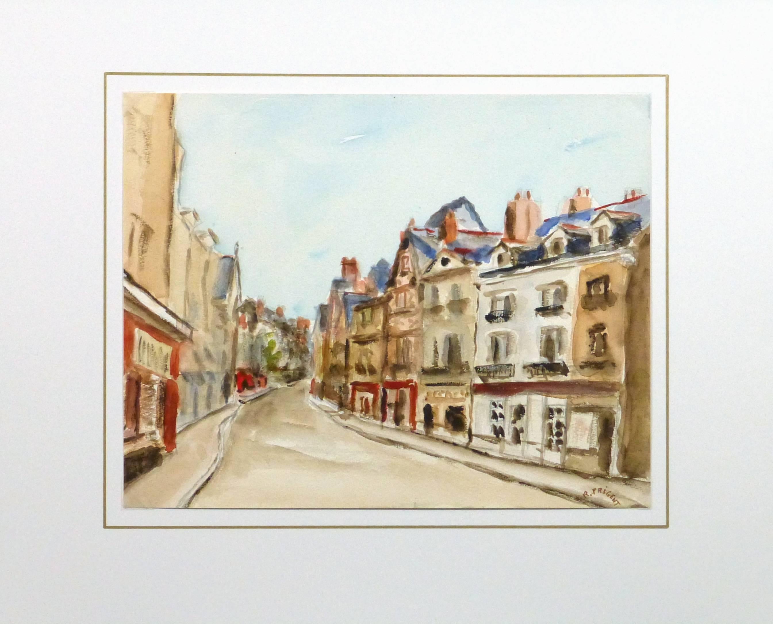 Bright and cheery watercolor of charming homes and buildings lining the streets of Angers, France by R. Prigent, 1970. Signed lower right.

Original one-of-a-kind artwork on paper displayed on a white mat with a gold border. Mat fits a