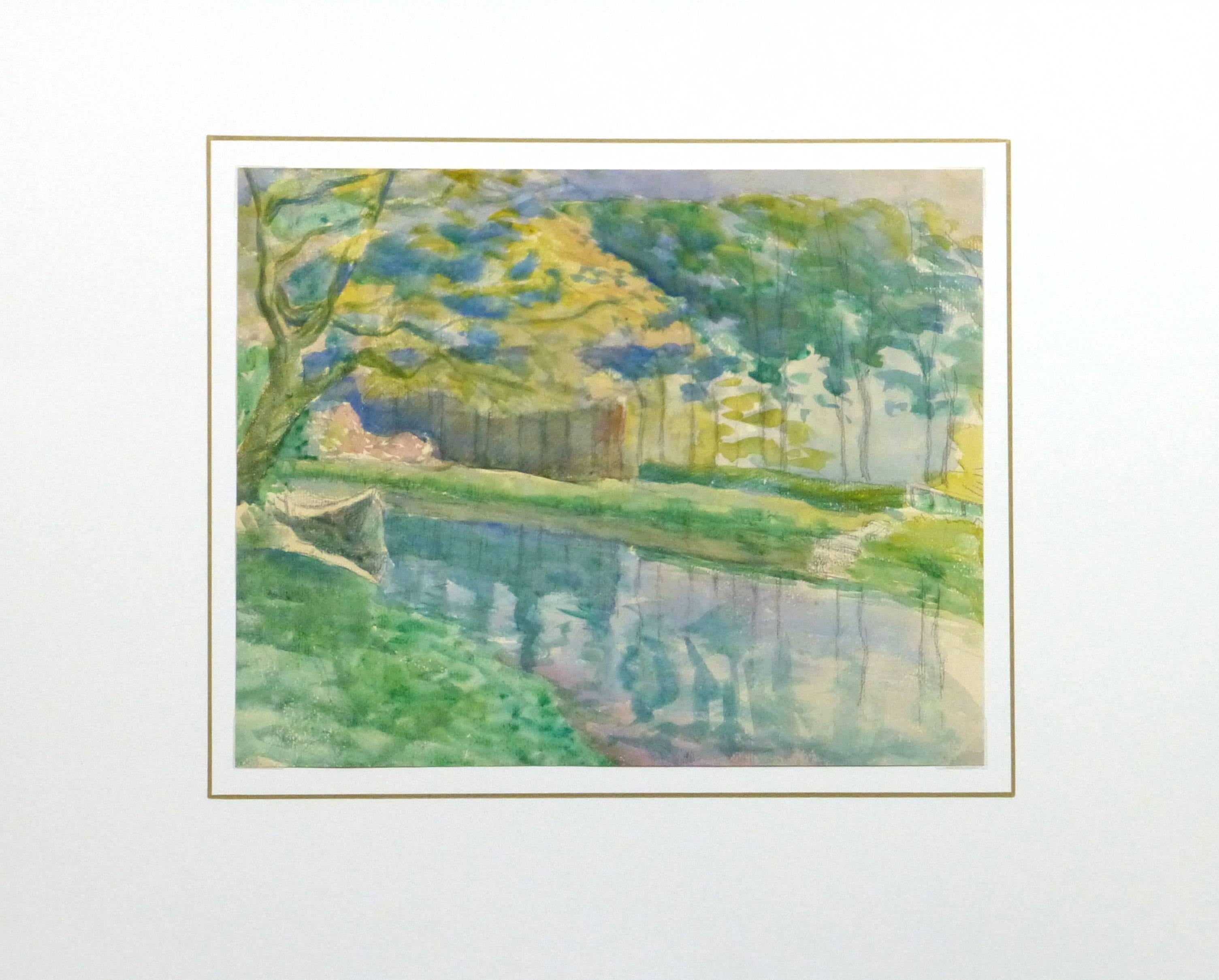Herrliches französisches Aquarell eines glasklaren Flusses mit lebhaft grünem Gras und Bäumen in Herbstfarben aus dem Jahr 1911.

Einzigartiges Originalkunstwerk auf Papier, das auf einer weißen Matte mit Goldrand präsentiert wird. Die Matte passt
