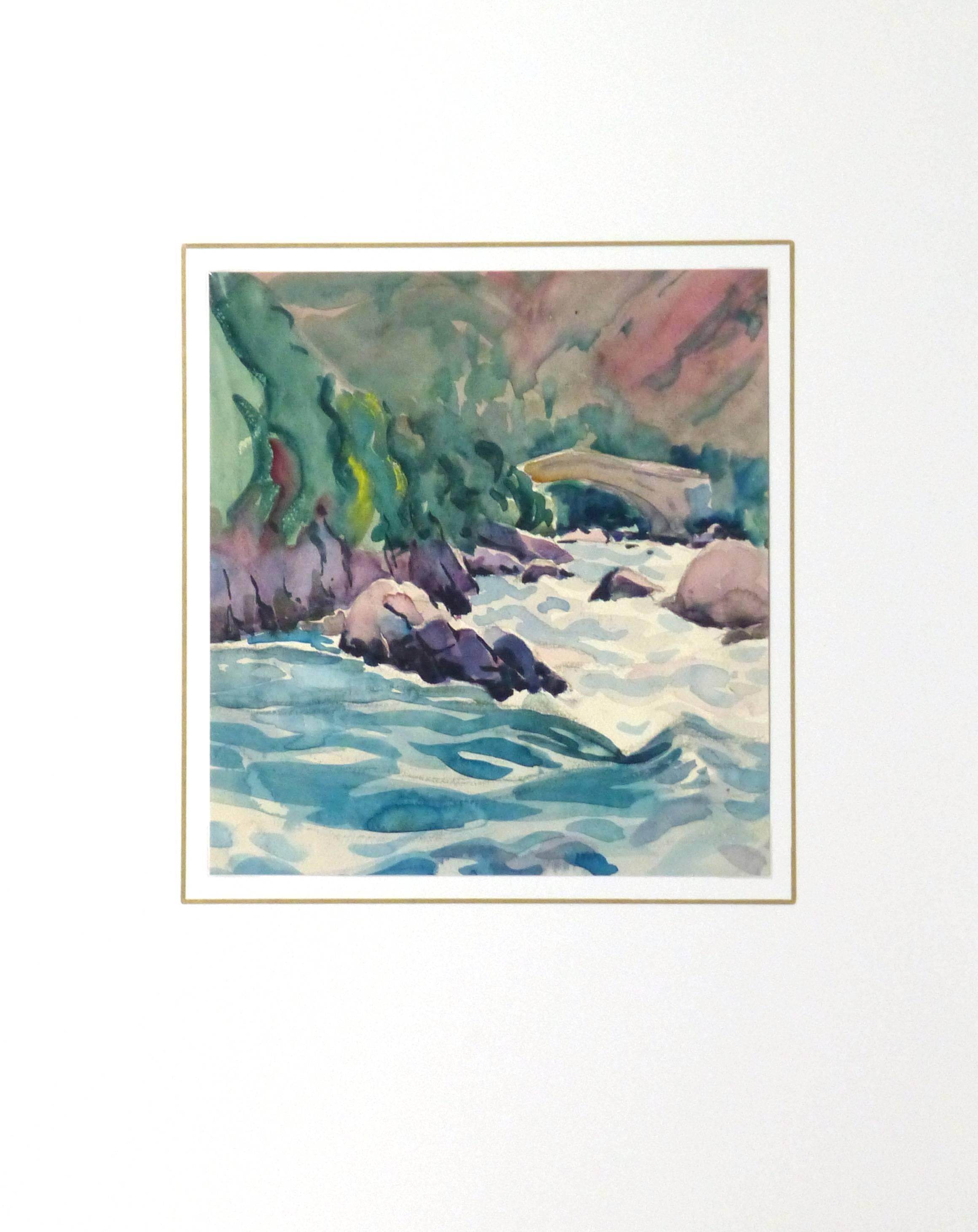 Exquisite and colorful watercolor of a natural stone bridge spanning across a fast flowing river, circa 1930. 

Original one-of-a-kind artwork on paper displayed on a white mat with a gold border. Mat fits a standard-size frame. Archival plastic