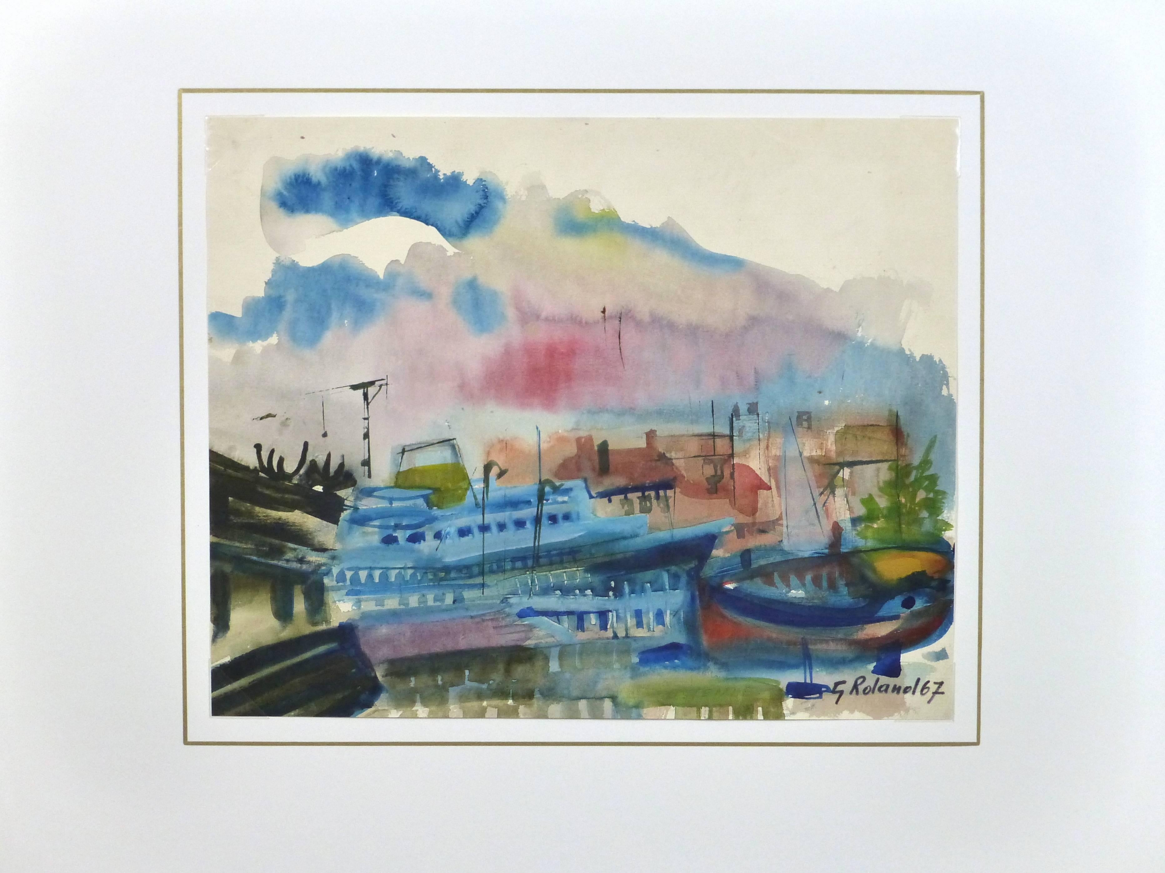 Gorgeous watercolor landscape of a colorful and bustling seaside port under a beautiful dusk colored sky by Belgian artist G. Roland, 1967. Signed and dated lower right.

Original one-of-a-kind artwork on paper displayed on a white mat with a gold