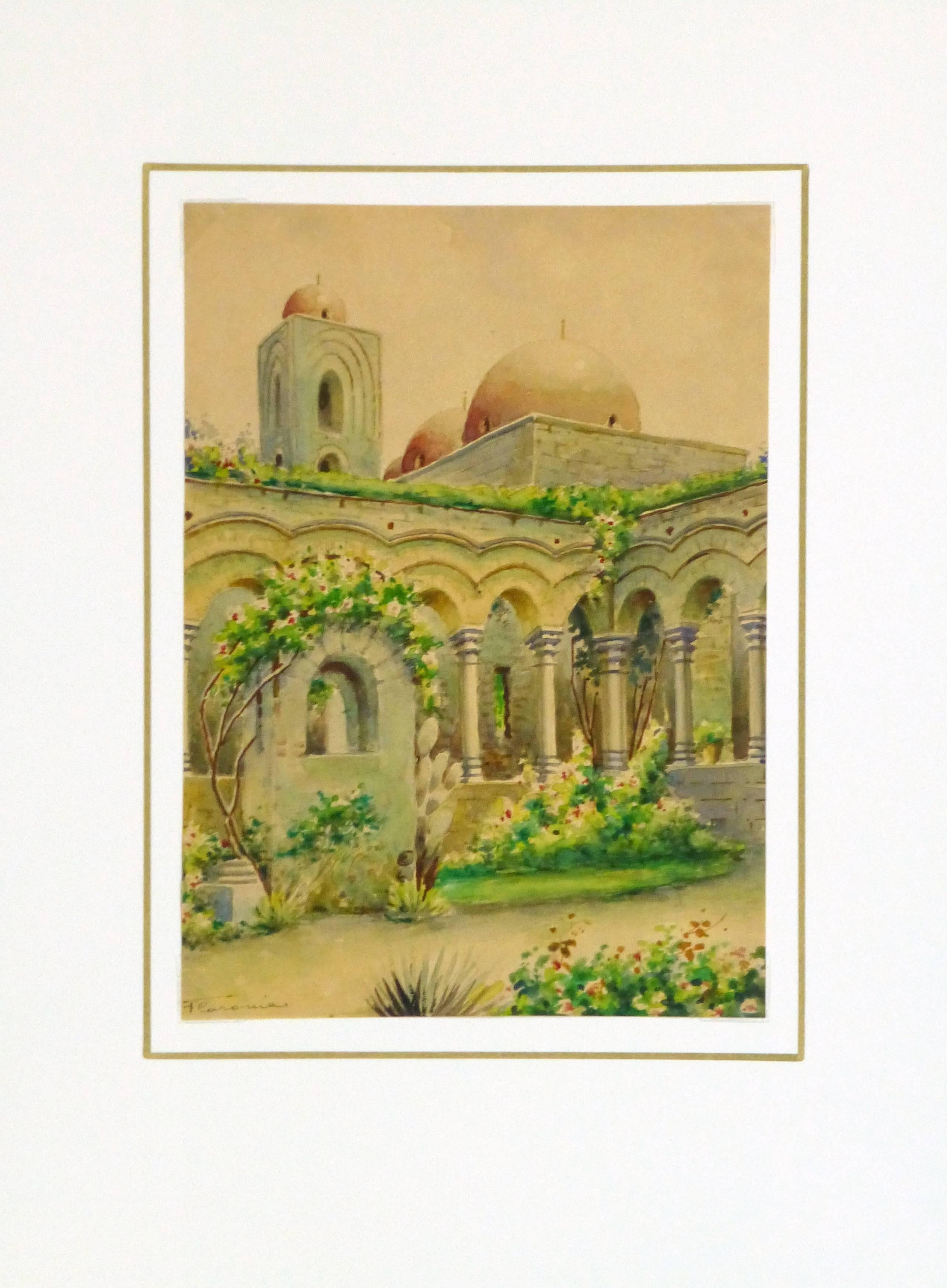 Exquisites und hochqualifiziertes Aquarell eines kunstvollen italienischen Innenhofs, akzentuiert mit strahlendem Laub und Blumen von Flaromia, um 1920. Signiert unten links. 

Einzigartiges Originalkunstwerk auf Papier, das auf einer weißen Matte