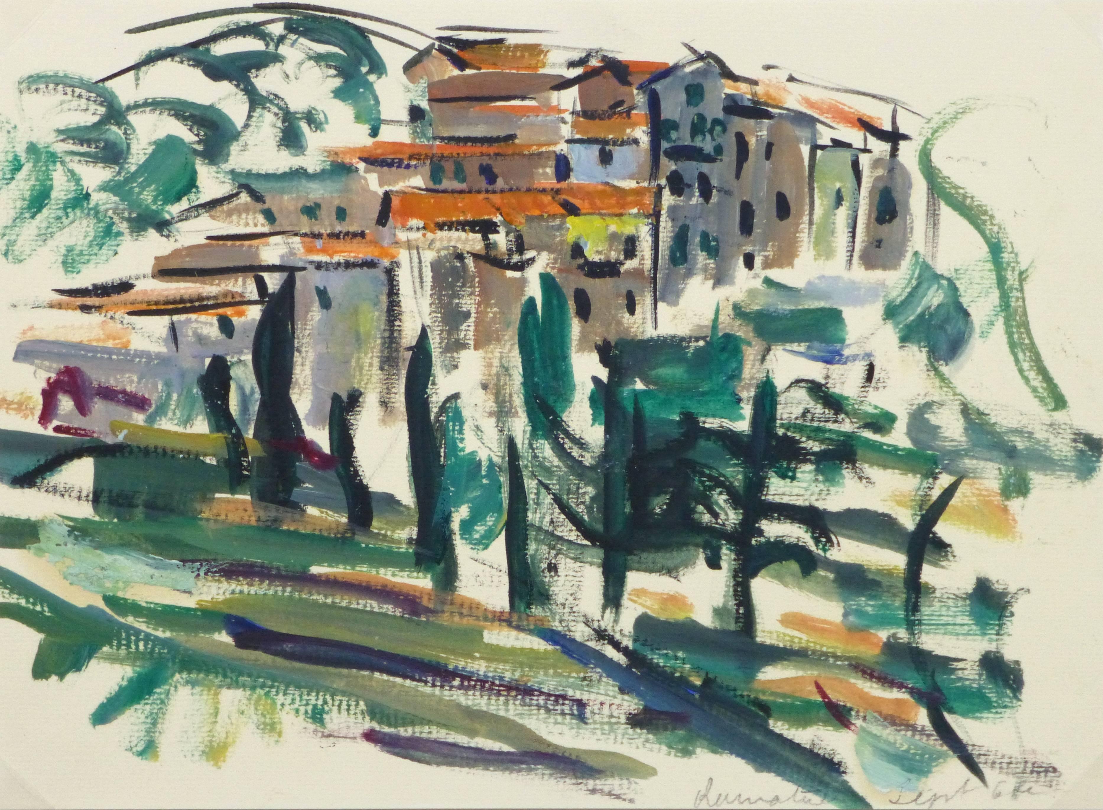 Delightful acrylic landscape painting of a small Italian town perched on a lush mountainside by artist Odette Bruriaux (1923-2003), 1966. Titled and dated lower right.

Original one-of-a-kind artwork on paper displayed on a white mat with a gold