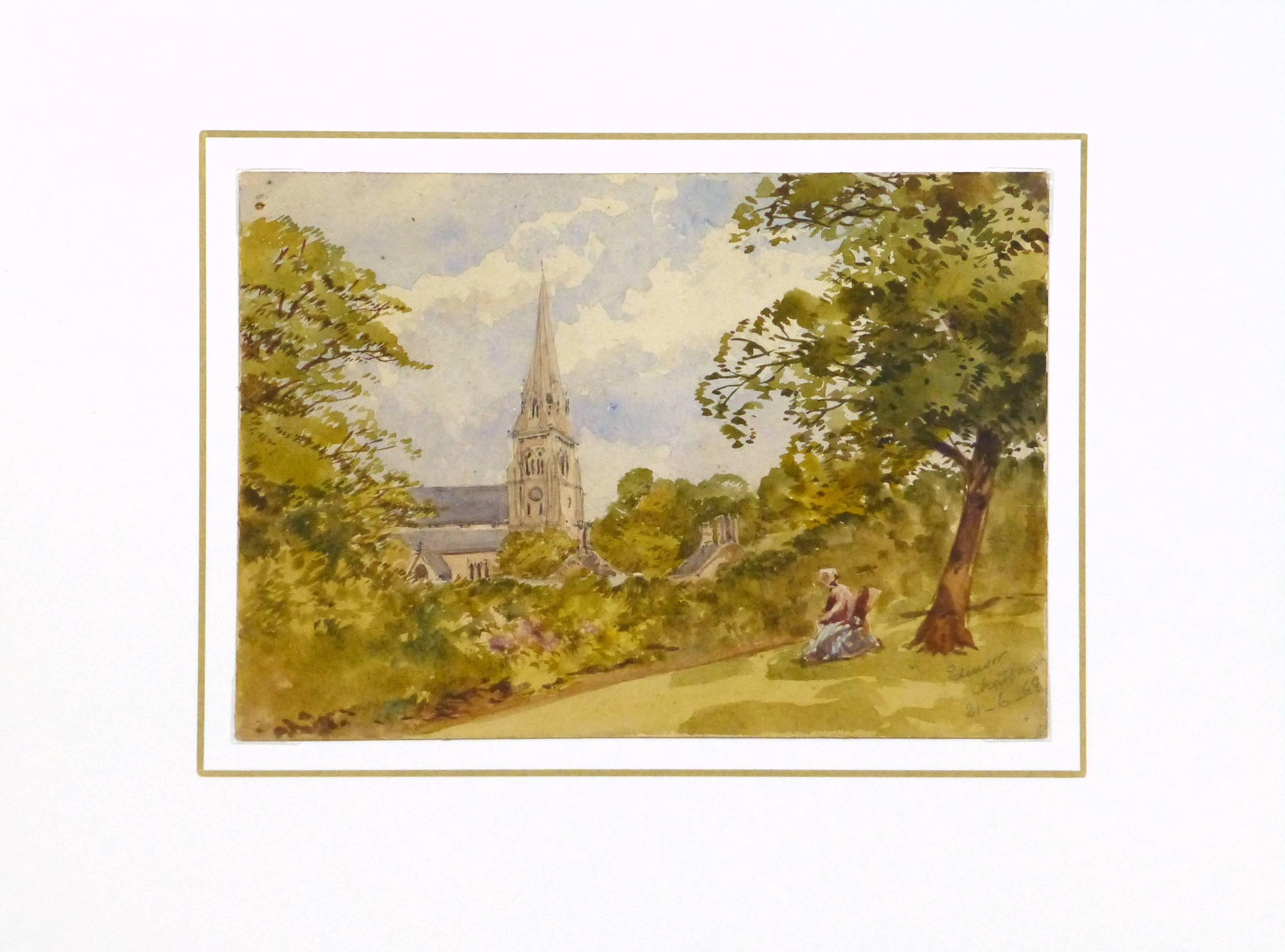Verträumte antike Aquarelllandschaft mit einer malerischen Szene eines Kirchturms, der sich aus dem Laub erhebt, während sich eine weibliche Figur im Schatten eines nahen Baumes ausruht, vom Künstler Edensor Chatsworth, 1868. Signiert und datiert