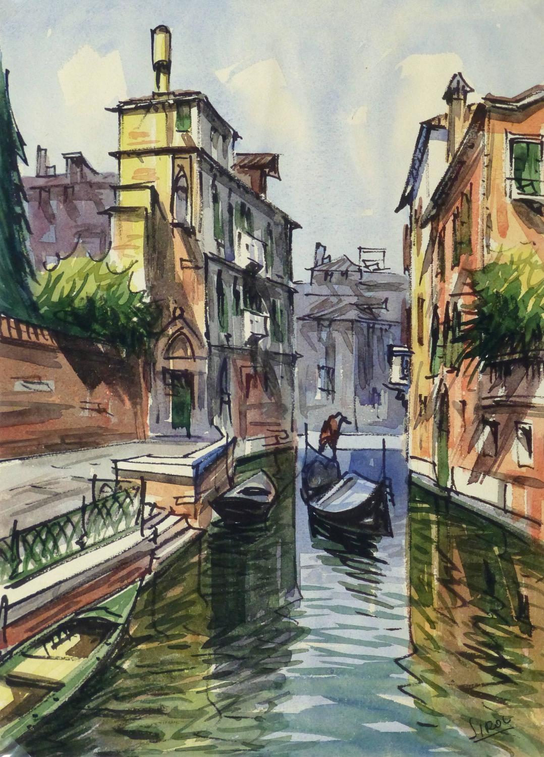 Sirol Vintage Watercolor Landscape Venice Canal For Sale at 1stdibs