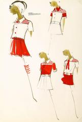 Vintage Balmain Fashion Sketch - Red Outfits