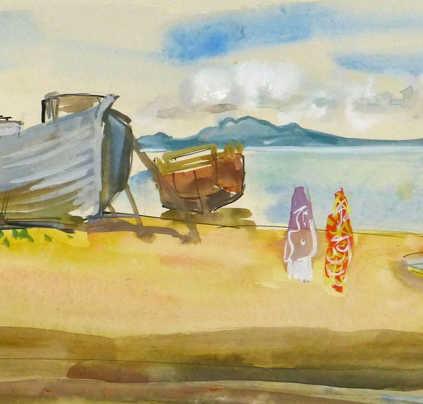 Aquarelle - Paysage français vintage à l'aquarelle - Beach Madagascar - Beige Landscape Art par Stephane Magnard