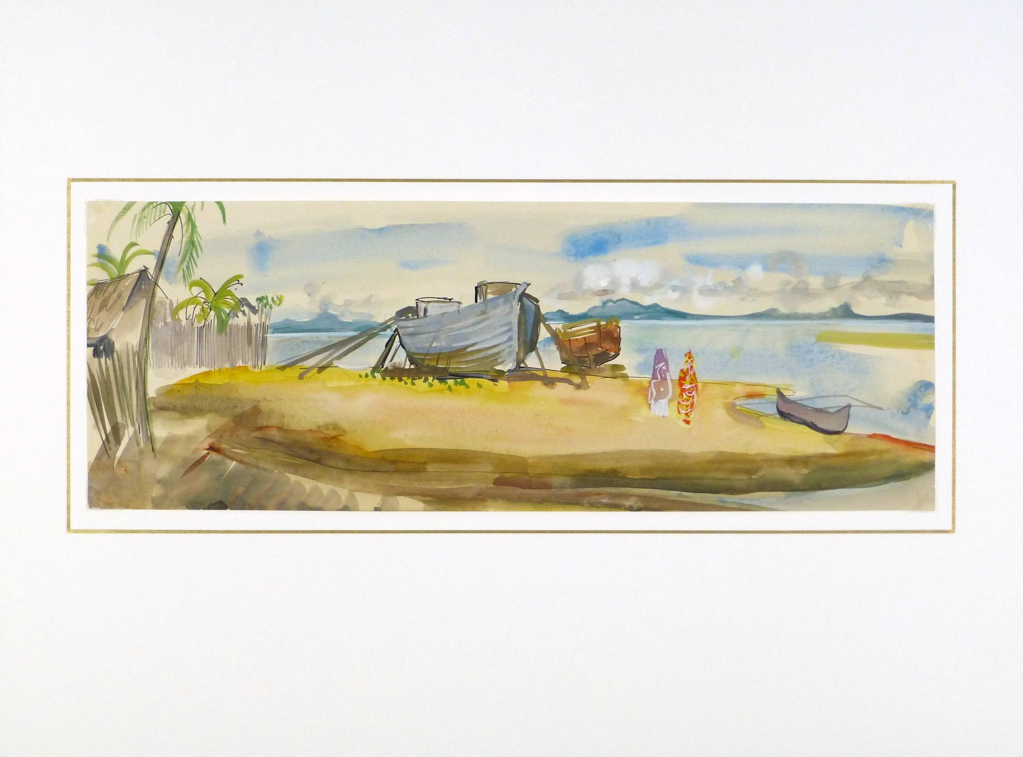 Paysage aquarellé de bateaux amarrés le long d'une petite plage de Madagascar, Afrique, par l'artiste français Stéphane Magnard (1917-2010), vers 1950. 

Œuvre d'art originale et unique sur papier, présentée sur un tapis blanc avec une bordure