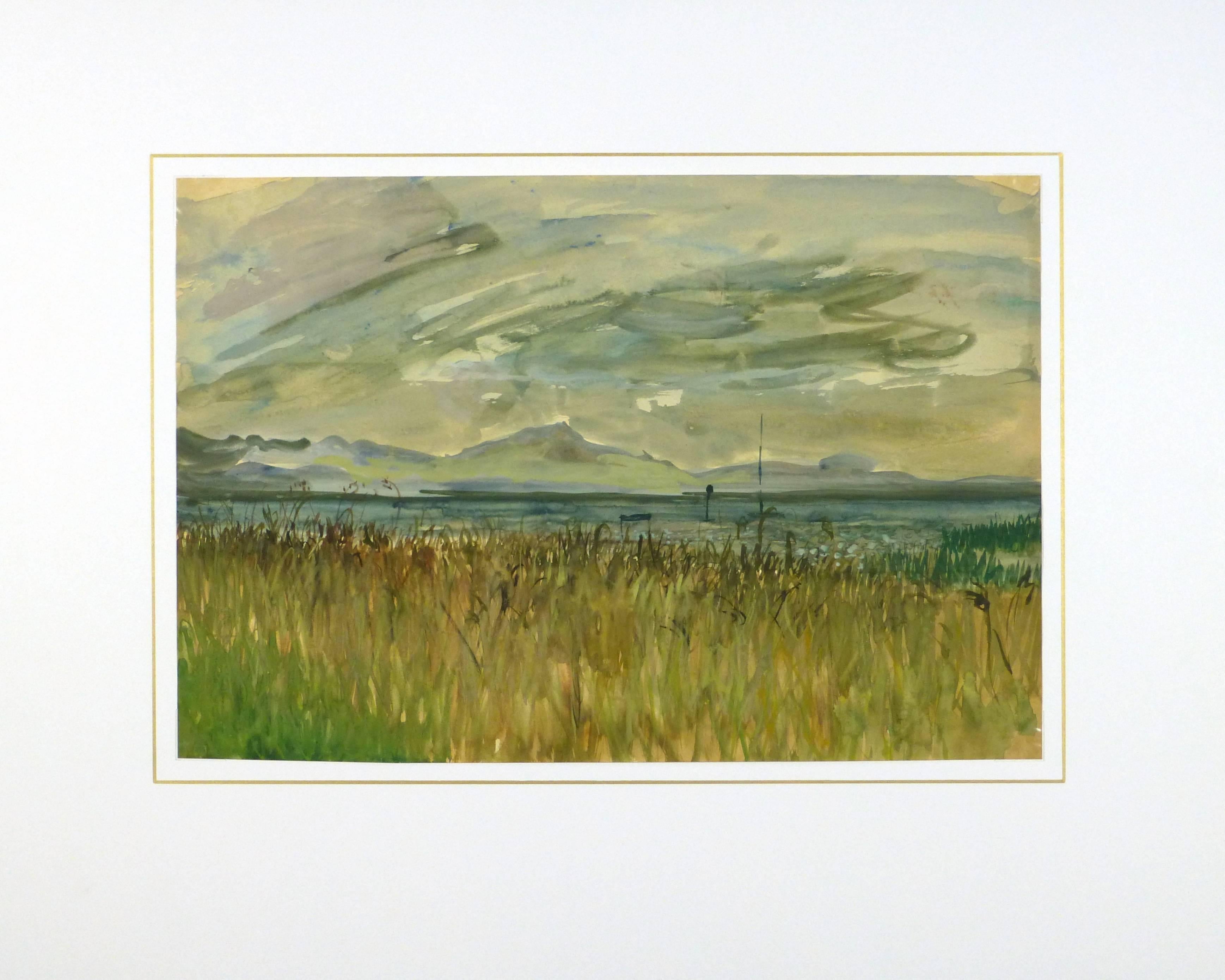 Superb watercolor seascape of a beach lush with grass under a beautiful darkening sky by French artist Stephane Magnard (1917-2003), circa 1950. 

Original one-of-a-kind artwork on paper displayed on a white mat with a gold border. Mat fits a