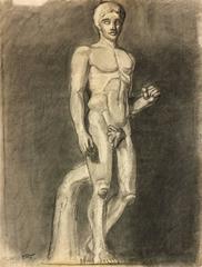 Vintage French Charcoal Drawing - Statue Casting