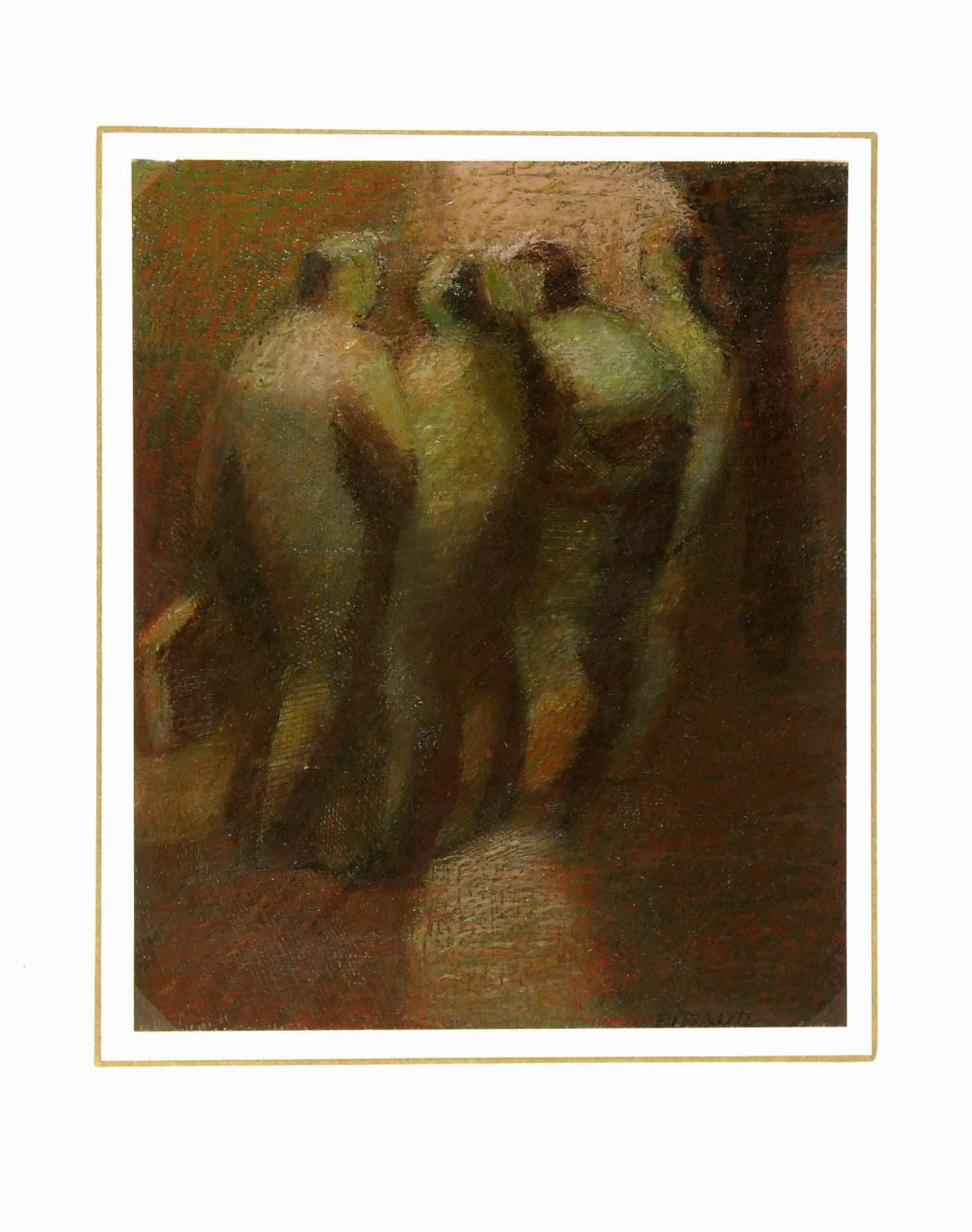 Oil painting of four figures under a light by French artist Bidaud, circa 1990. Signed lower right. 

Original one-of-a-kind artwork on paper displayed on a white mat with a gold border. Mat fits a standard-size frame. Archival plastic sleeve and