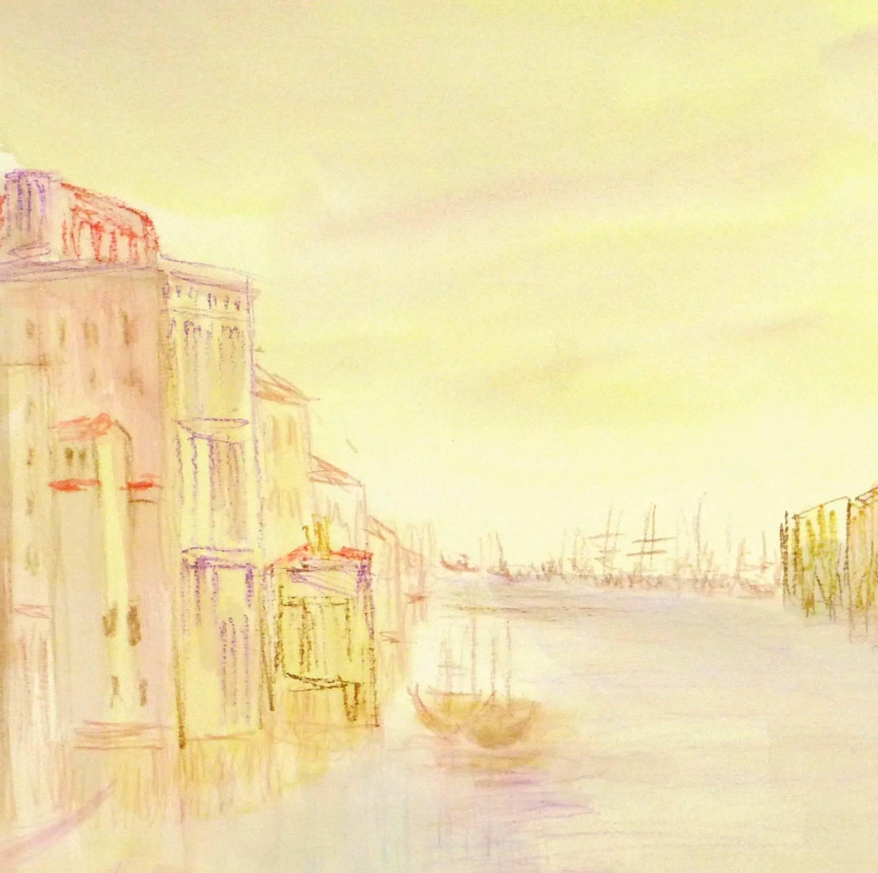 Vintage Watercolor Landscape - Venice Sunrise - Orange Landscape Art by Unknown