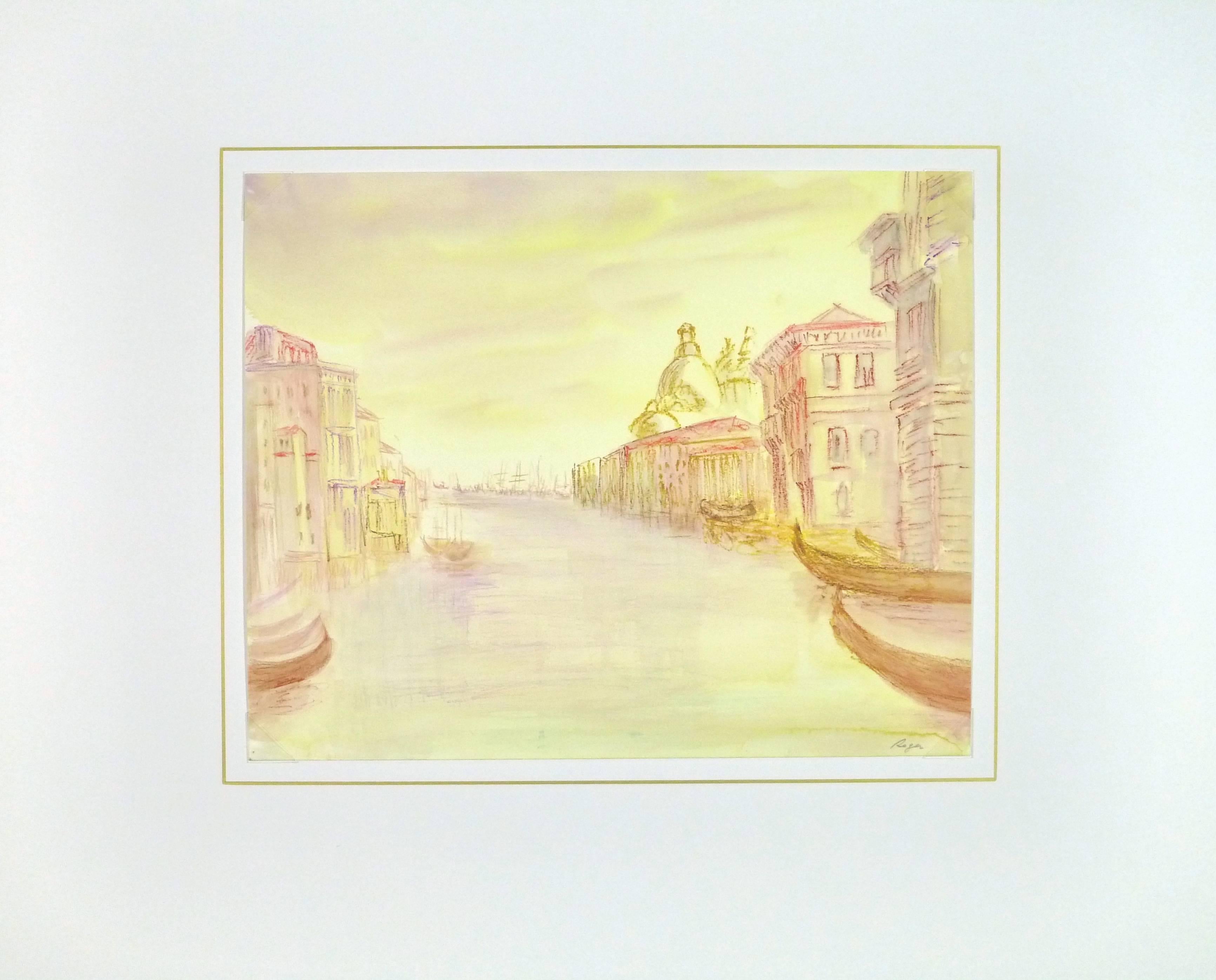 Inviting pastel and watercolor landscape of the canals of venice in warm and sunny hues reminiscent of a early morning sunrise by Roger, circa 1960. Signed lower right.

Original one-of-a-kind artwork on paper displayed on a white mat with a gold