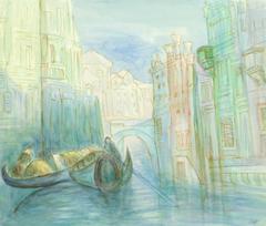 Vintage Watercolor Landscape - Venice Gondolas
