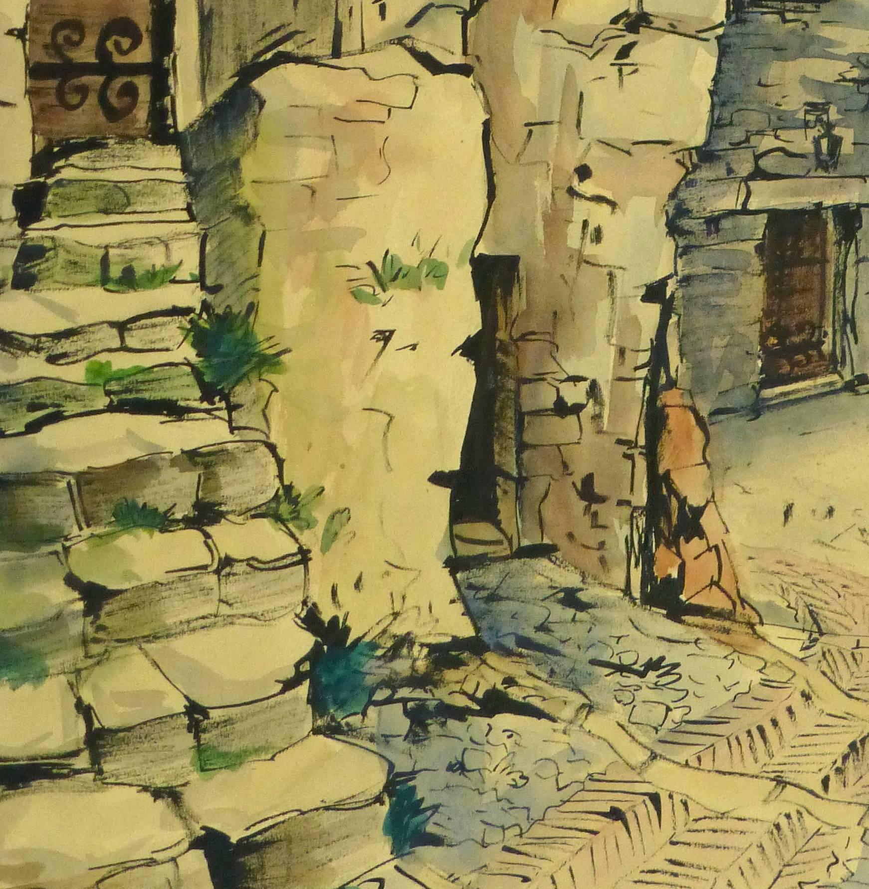 Vintage French Watercolor - Village de Provence - Art by Augustin Faure