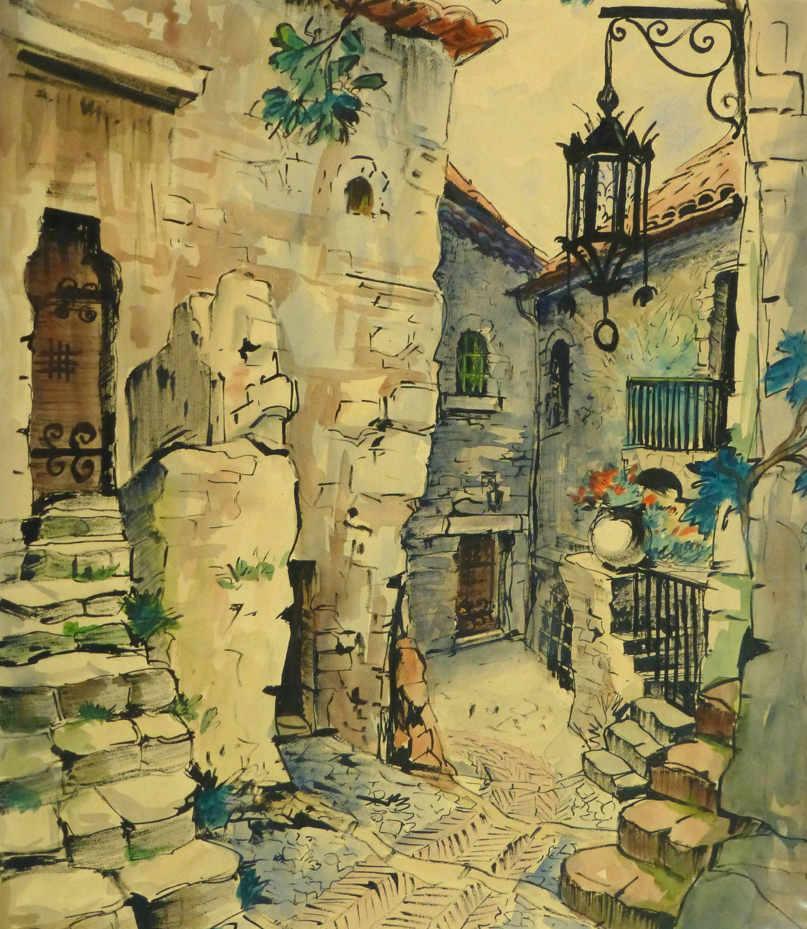 Augustin Faure Landscape Art - Vintage French Watercolor - Village de Provence