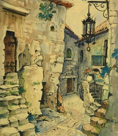 Aquarelle française vintage - Village de Provence