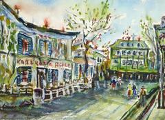 Vintage French Watercolor Painting - Market Street
